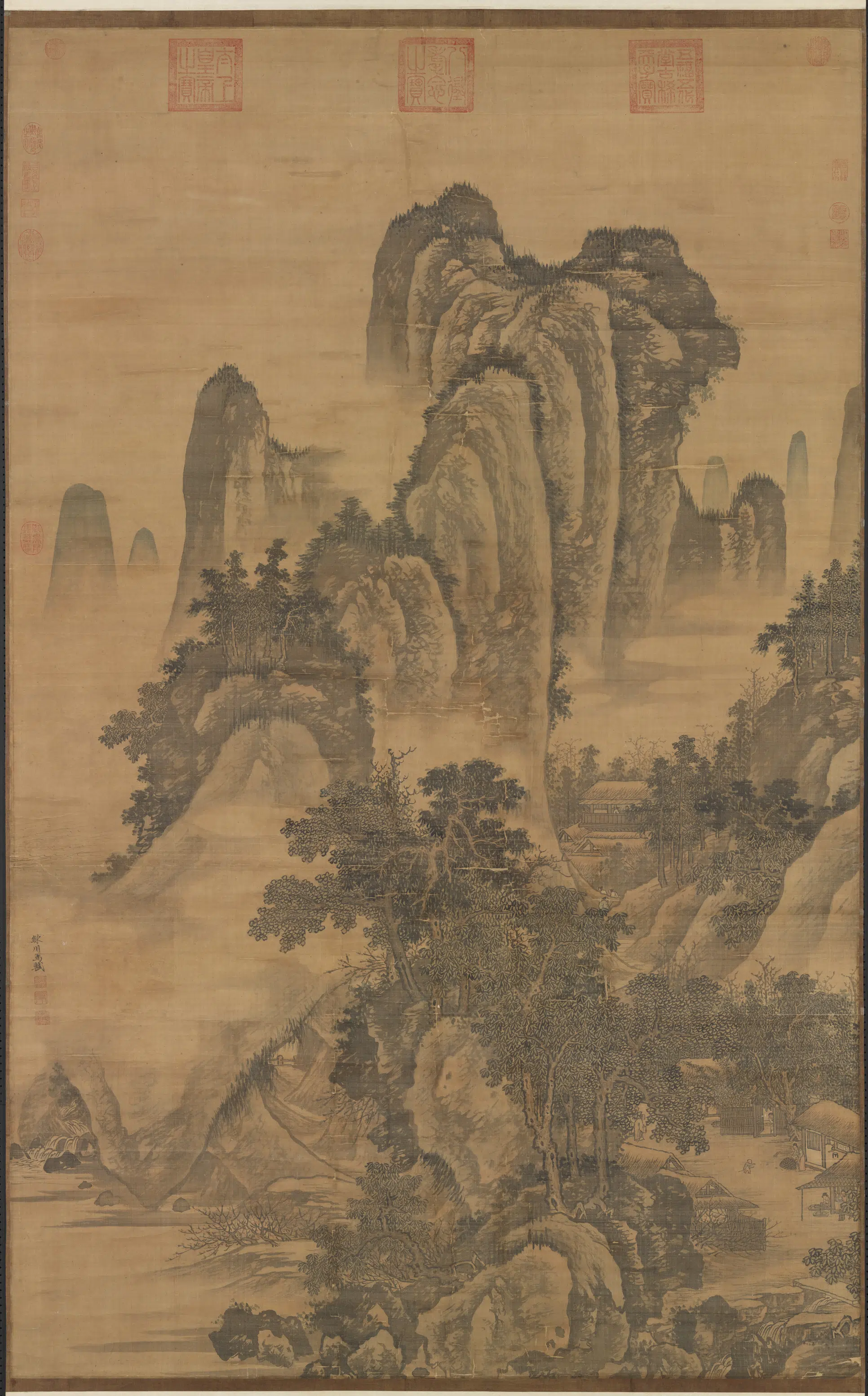 明朝【马轼】《春坞村居图轴》