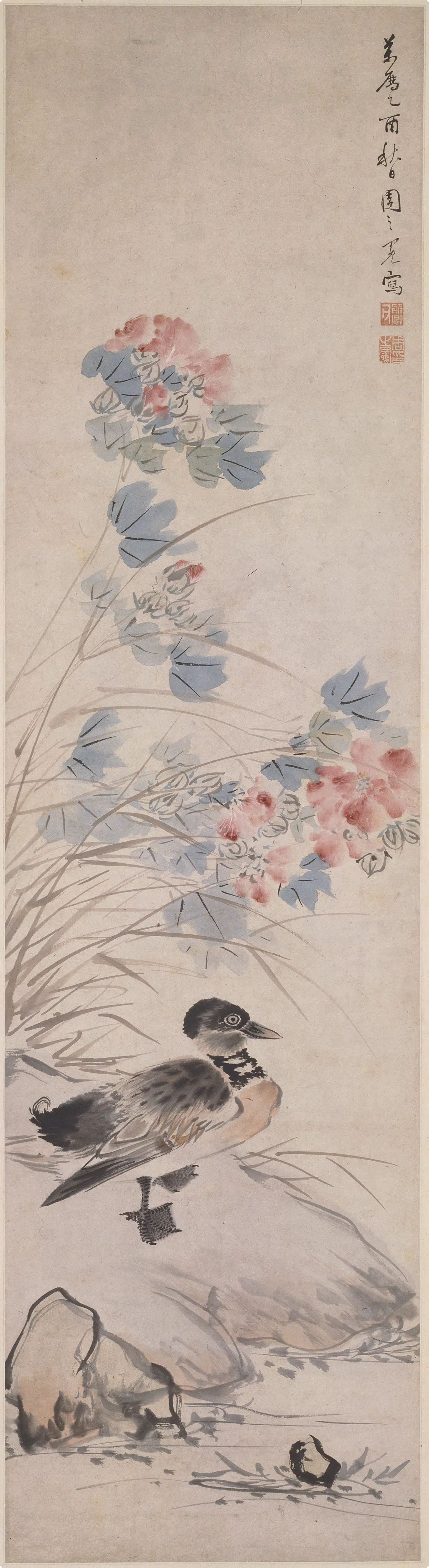 明朝【周之冕】《芙蓉凫鸭图轴》