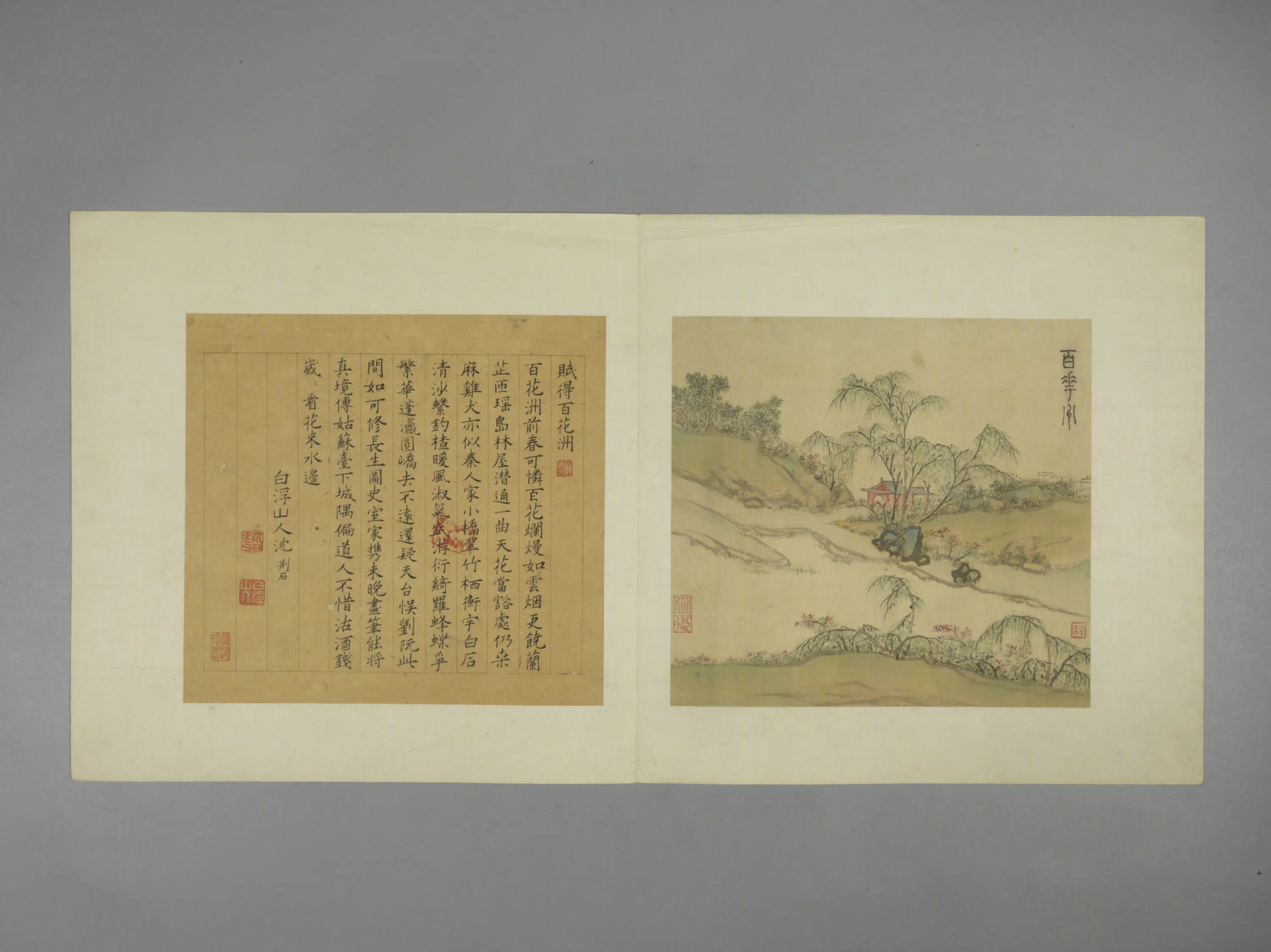 明朝【陈淳（道复）】《吴门诸家寿袁方斋三绝册-百花洲图页》
