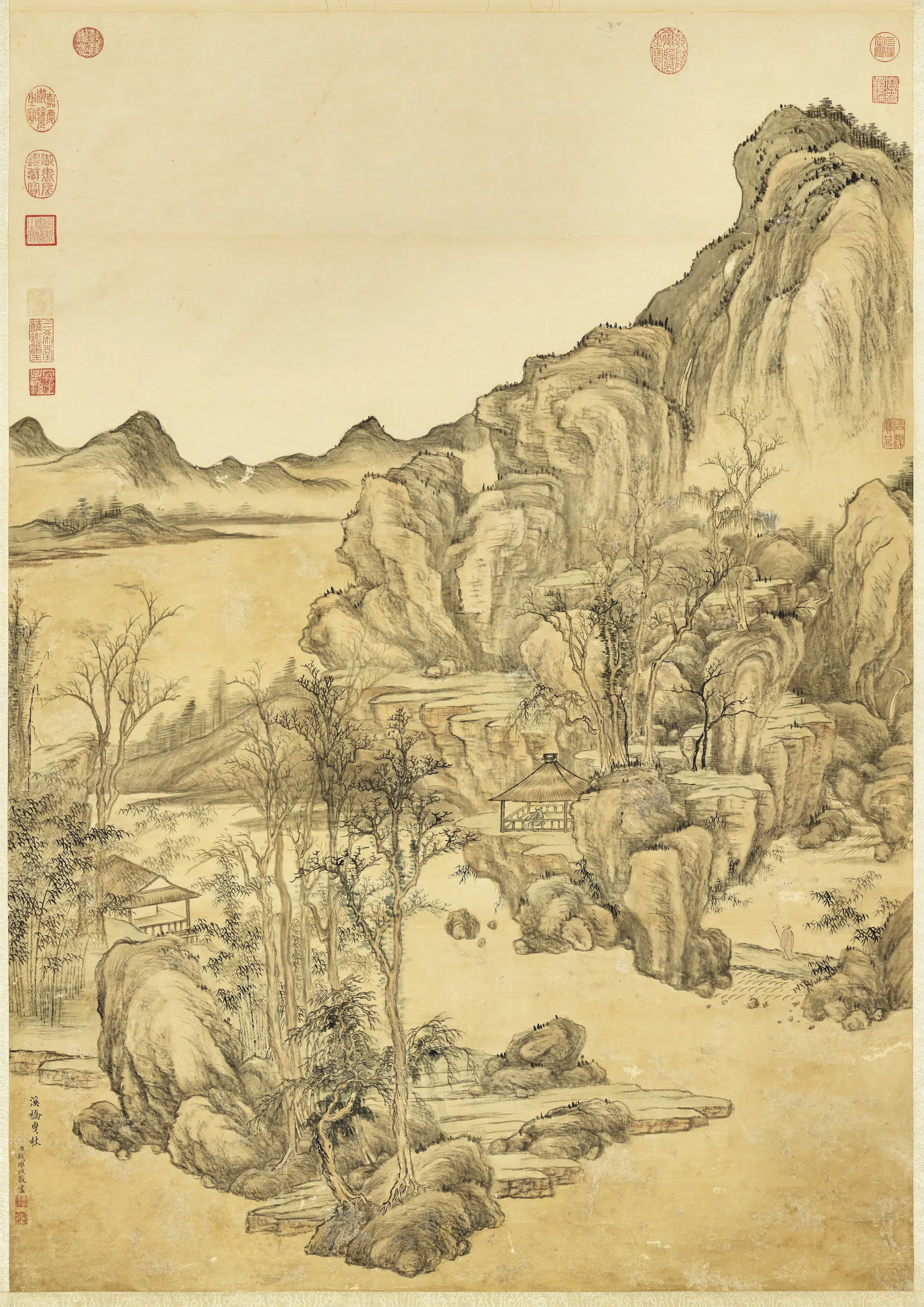 清代【钱维城】《画溪桥曳杖图轴》