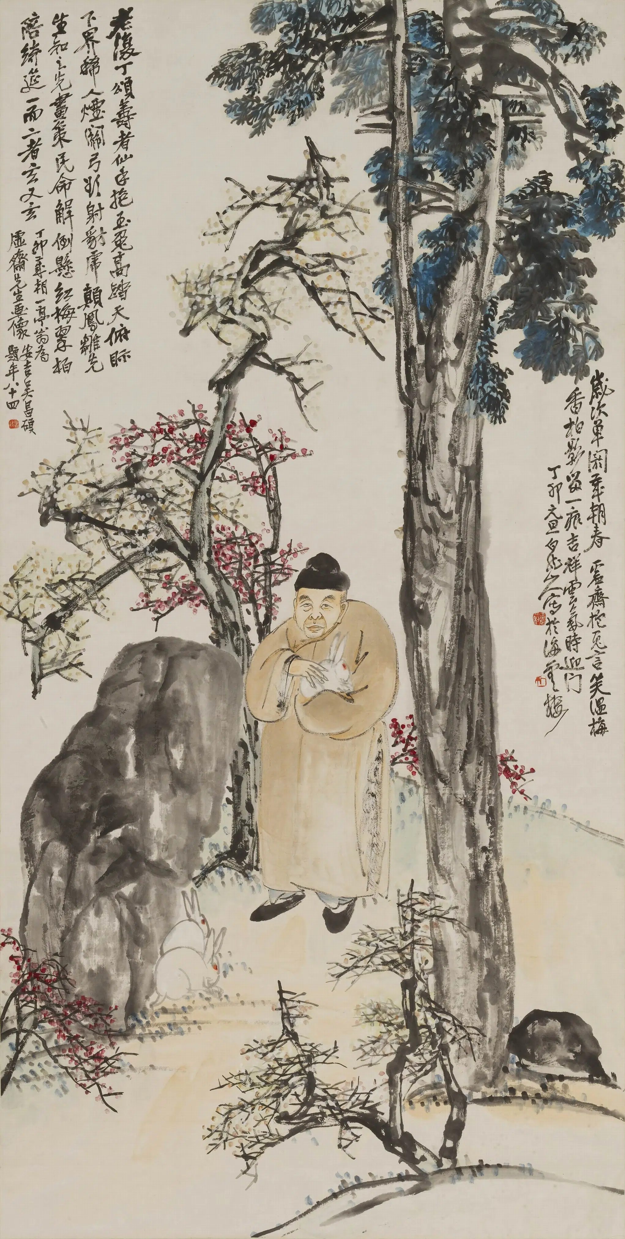 清代【王震】《庞虚斋抱兔图轴》