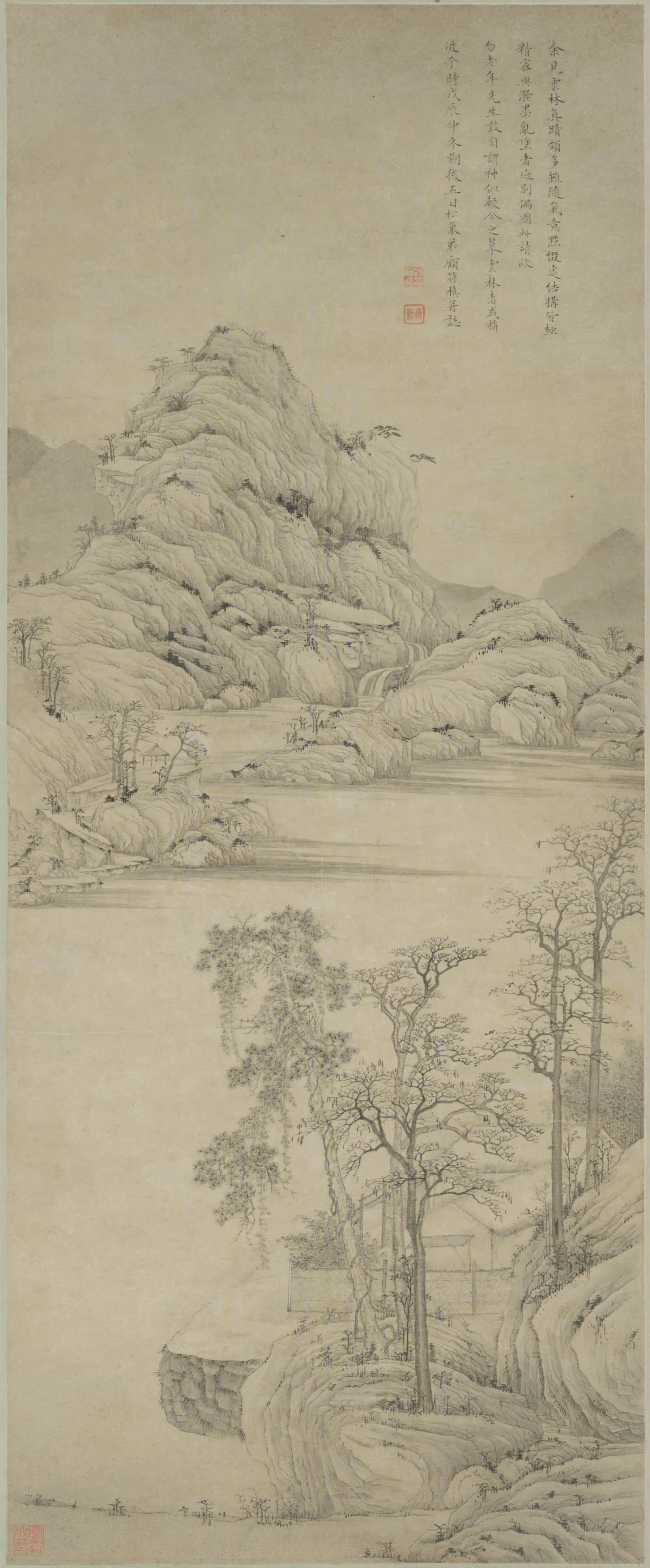 清代【顾符稹】《细笔山水轴》