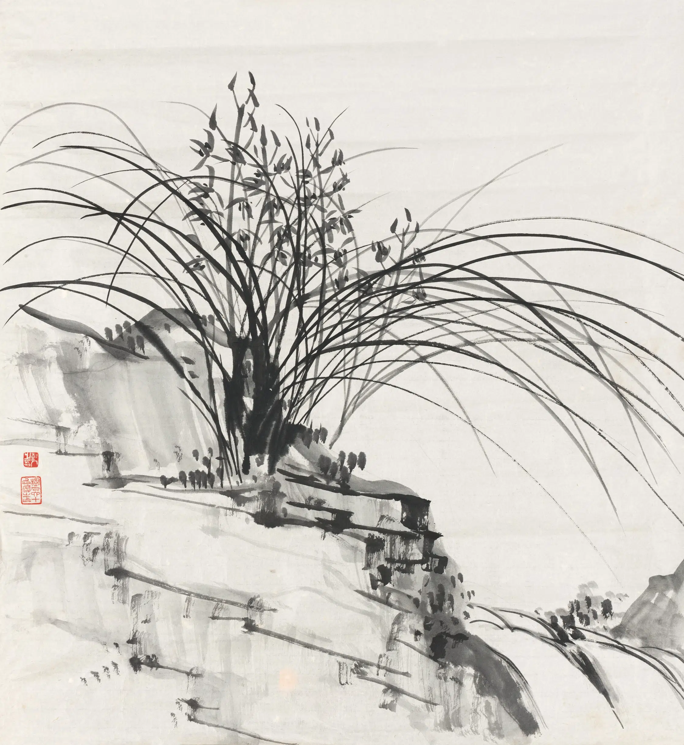近代【陈树人】《兰石斗方轴》