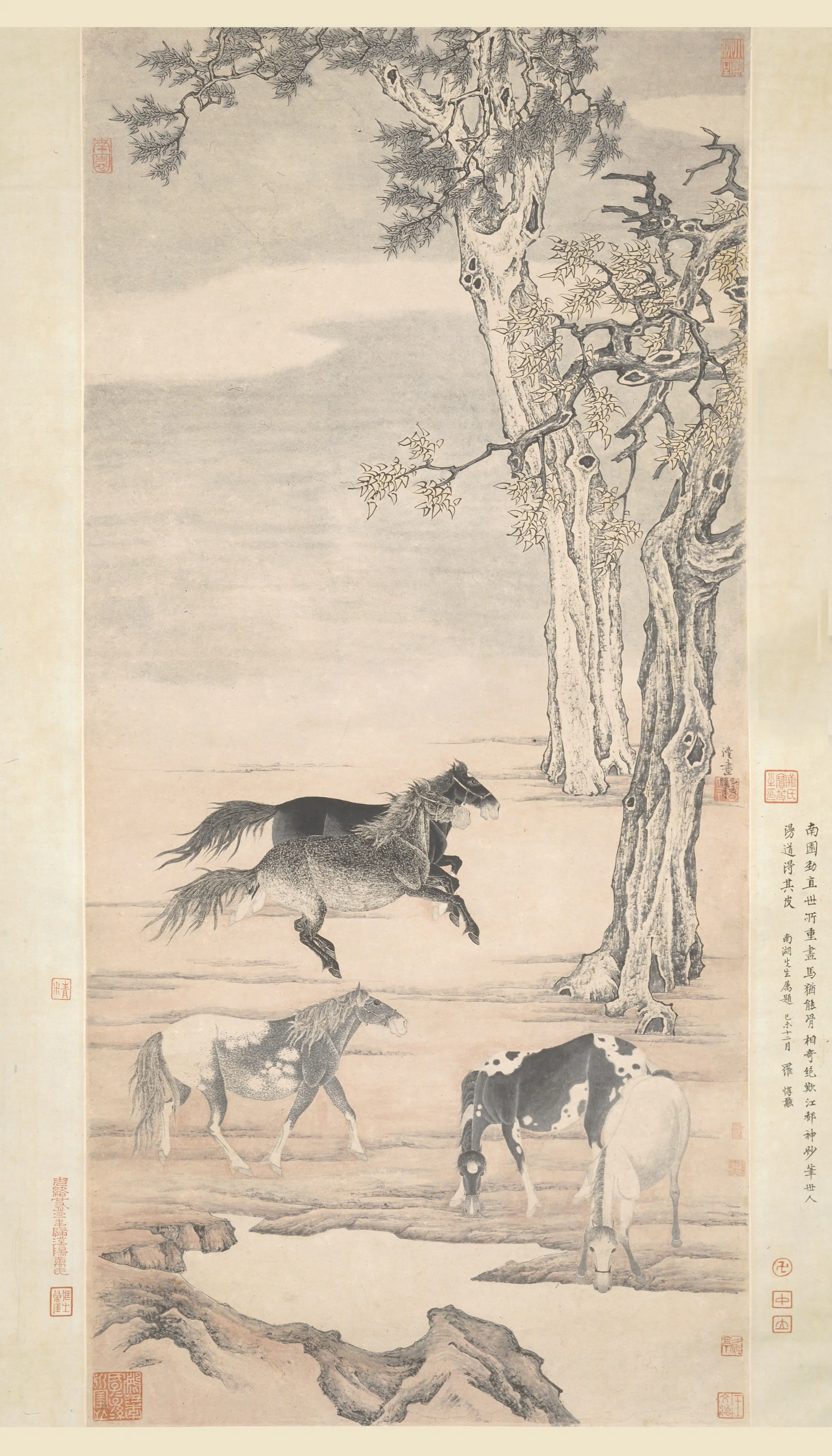 清代【钱沣】《五马图轴》