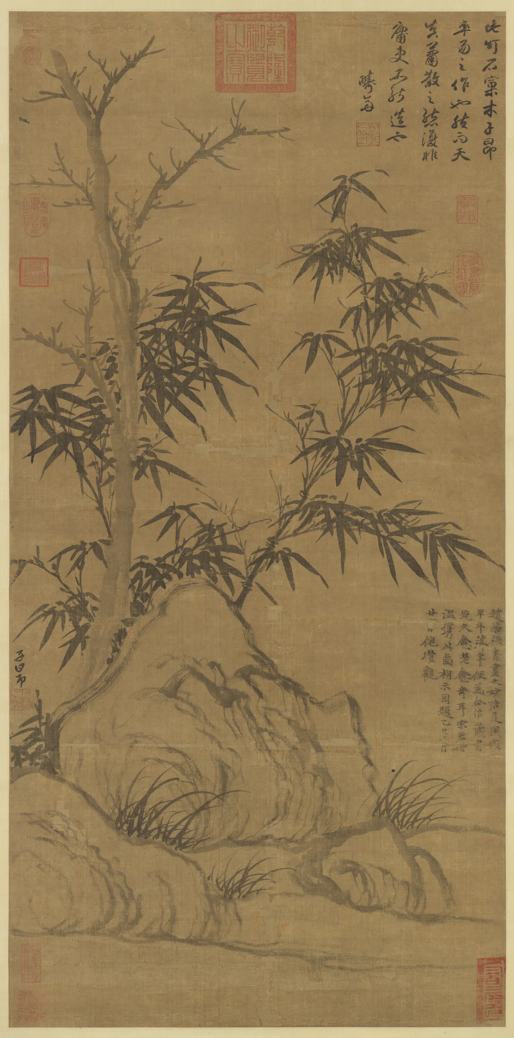 元朝【赵孟頫】《窠木竹石图轴》