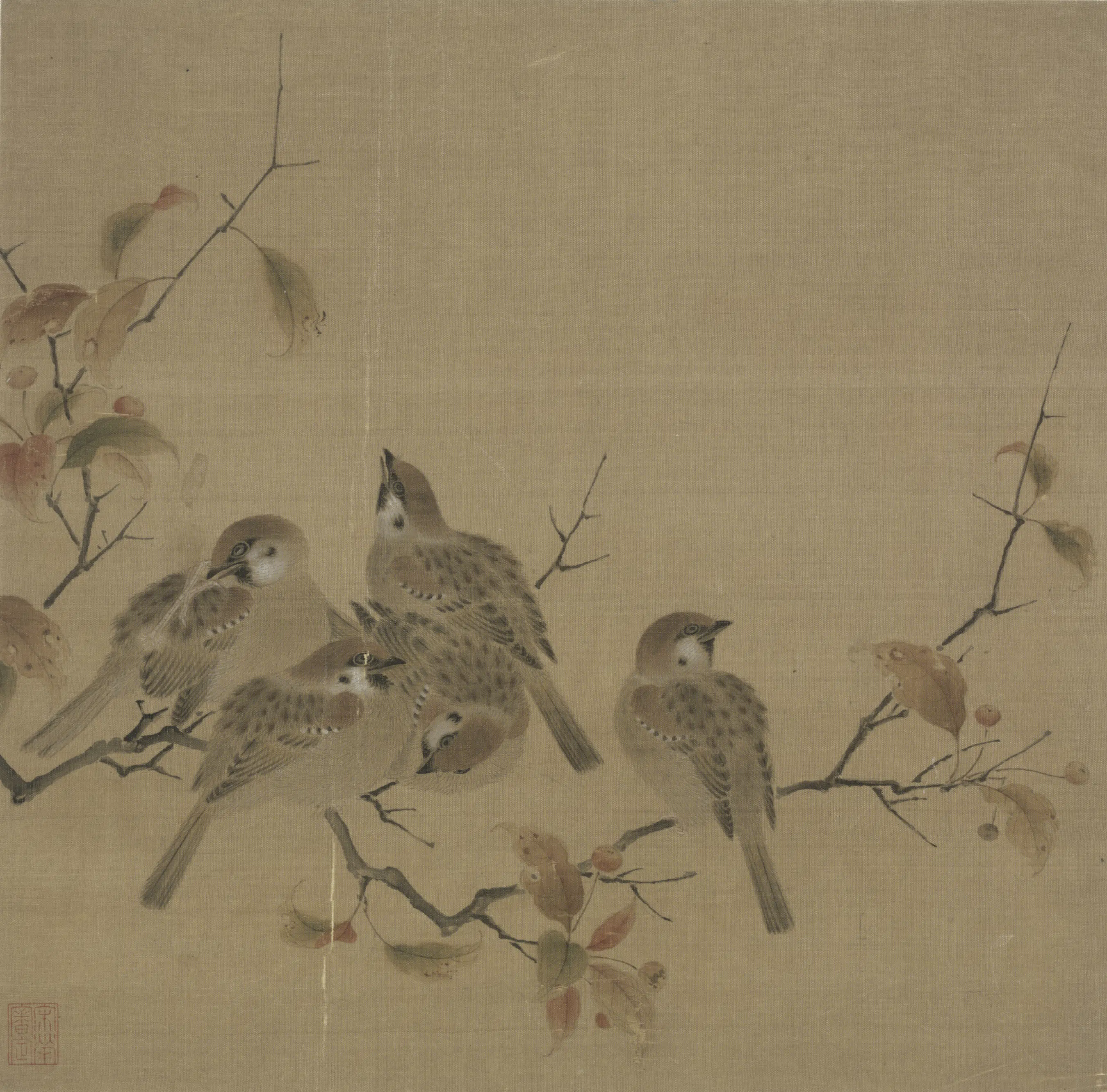 宋代【佚名】《宋人集绘册-宋人瓦雀栖枝页》