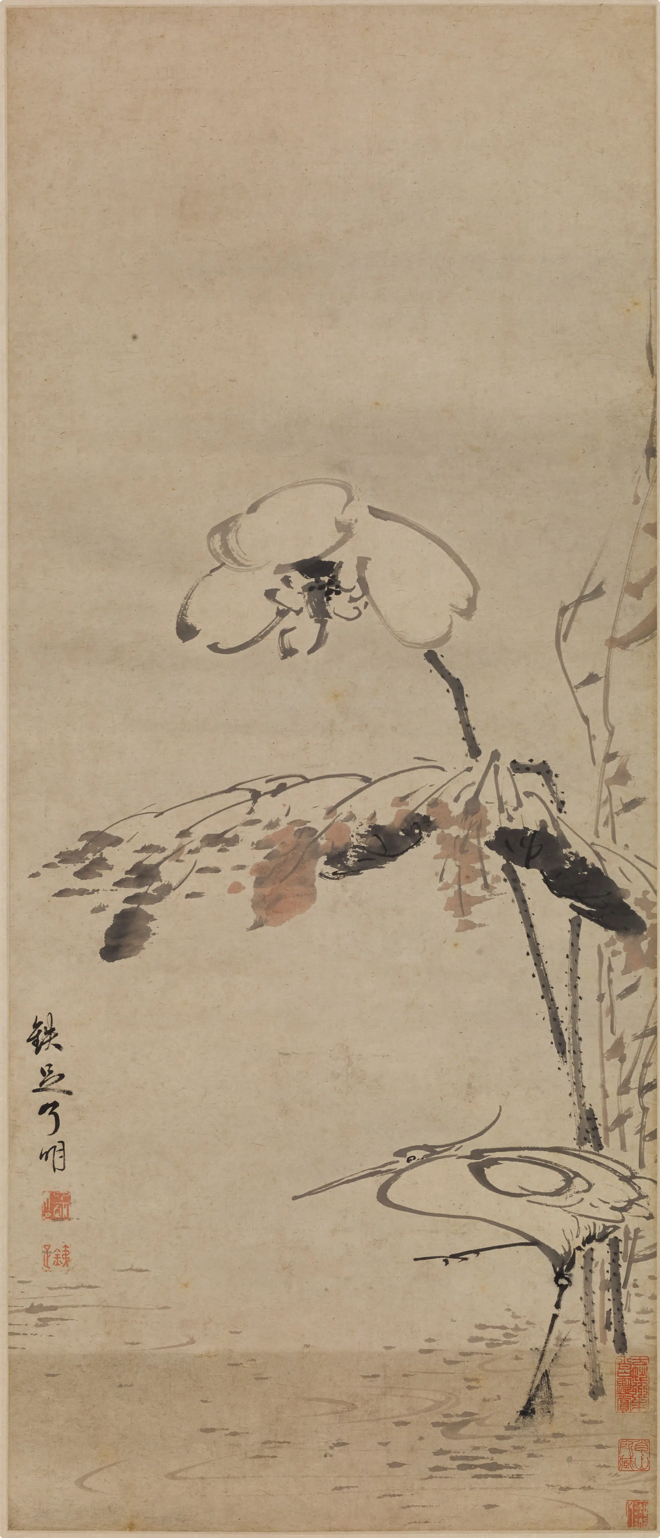 清代【铁足（了明）】《荷花鹭鸶图轴》