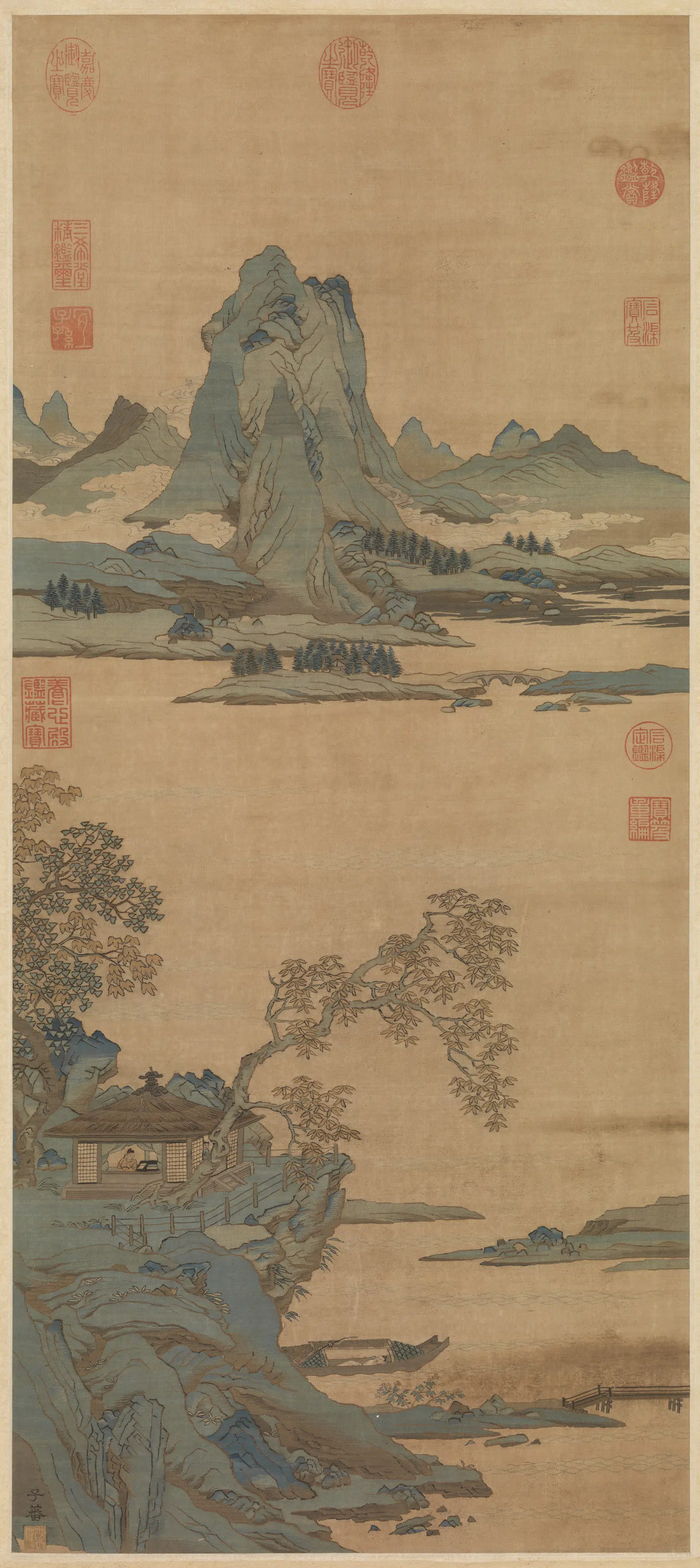 南宋【沈子蕃】《缂丝秋山诗意图轴》