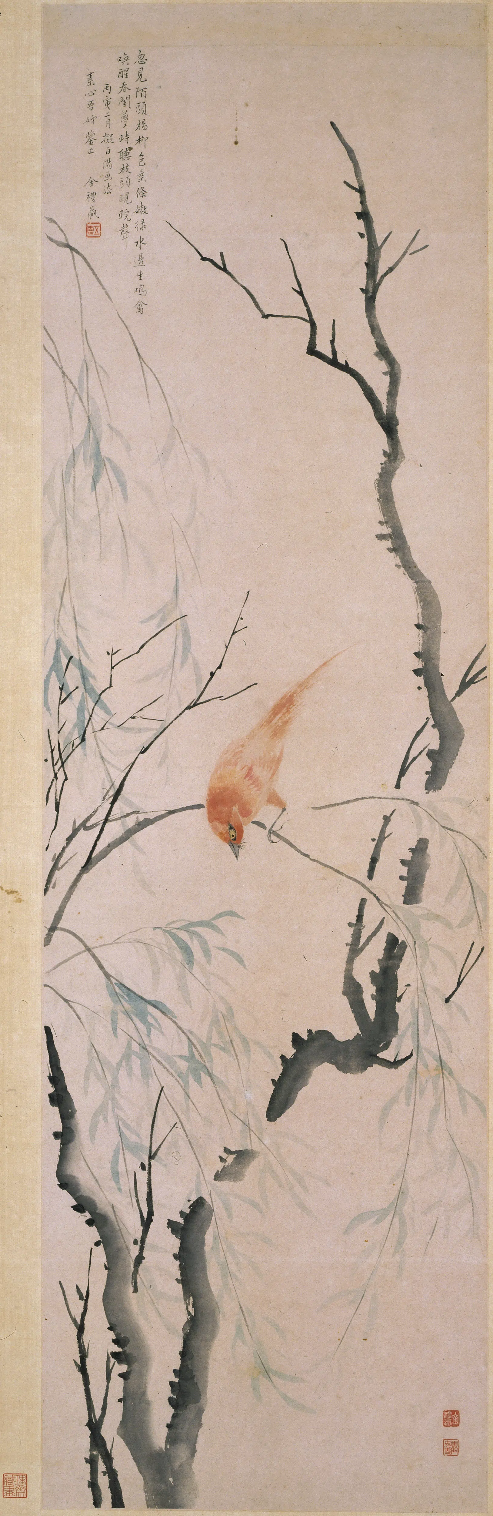 清代【金礼嬴】《杨柳鸣禽图轴》