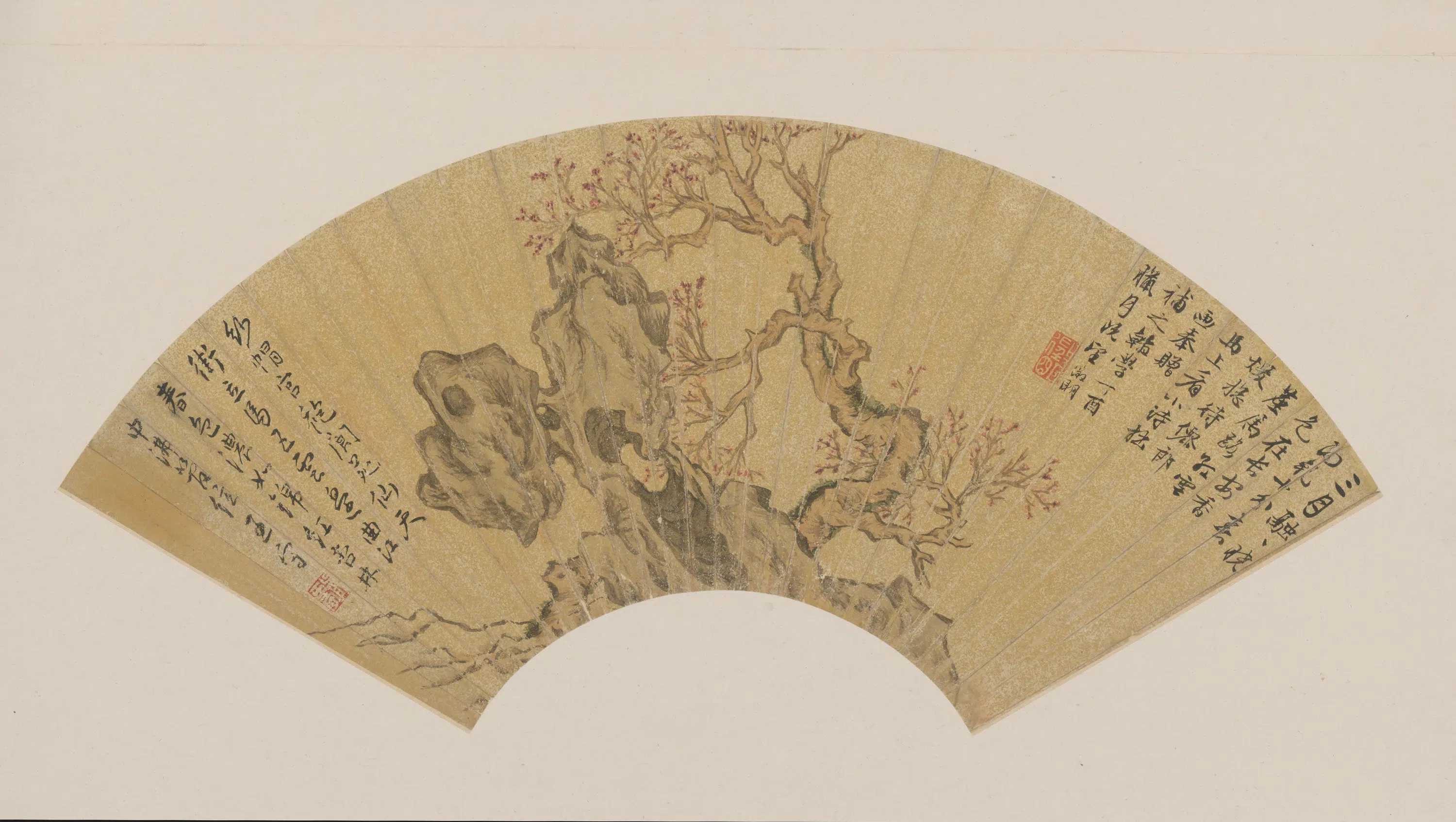明朝【文徵明】《红杏湖石图扇页》