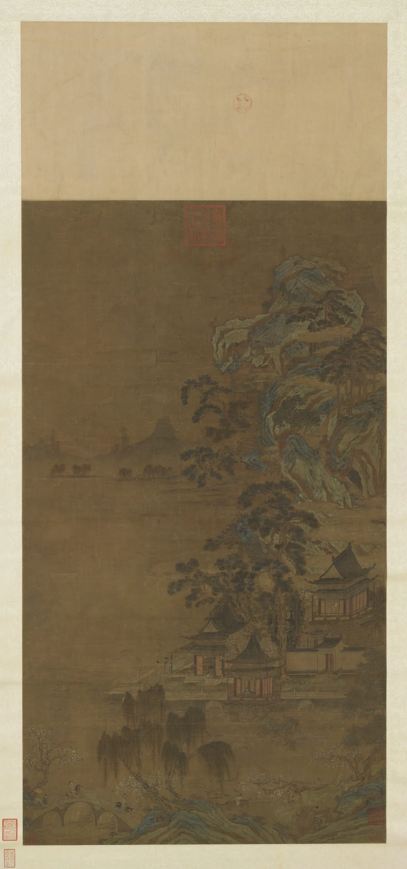 唐朝【李昭道】《湖亭游骑图轴》