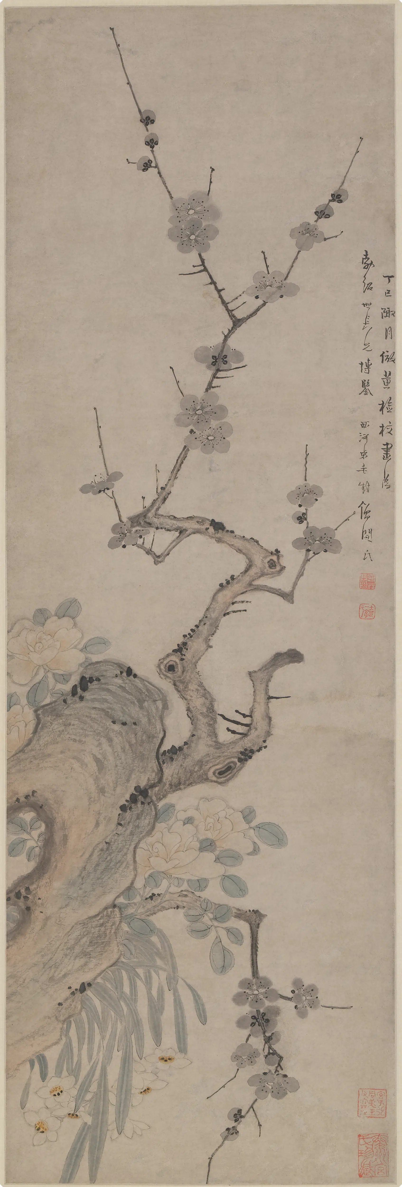 清代【毛奇龄】《梅花山茶图轴》