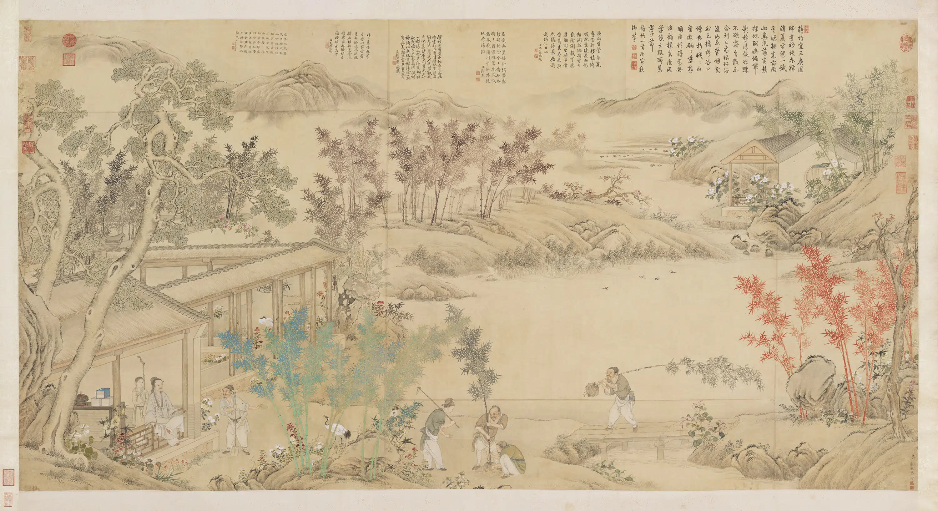 清代【丁观鹏】《御笔莳竹诗图轴》