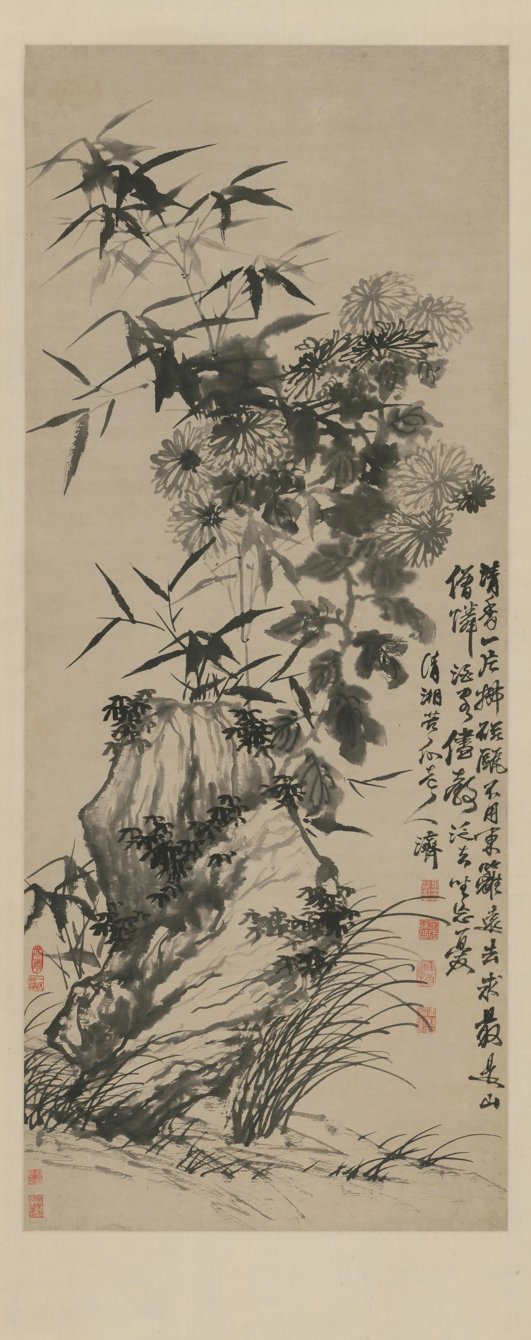 清代【石涛】《竹菊秀石图轴》