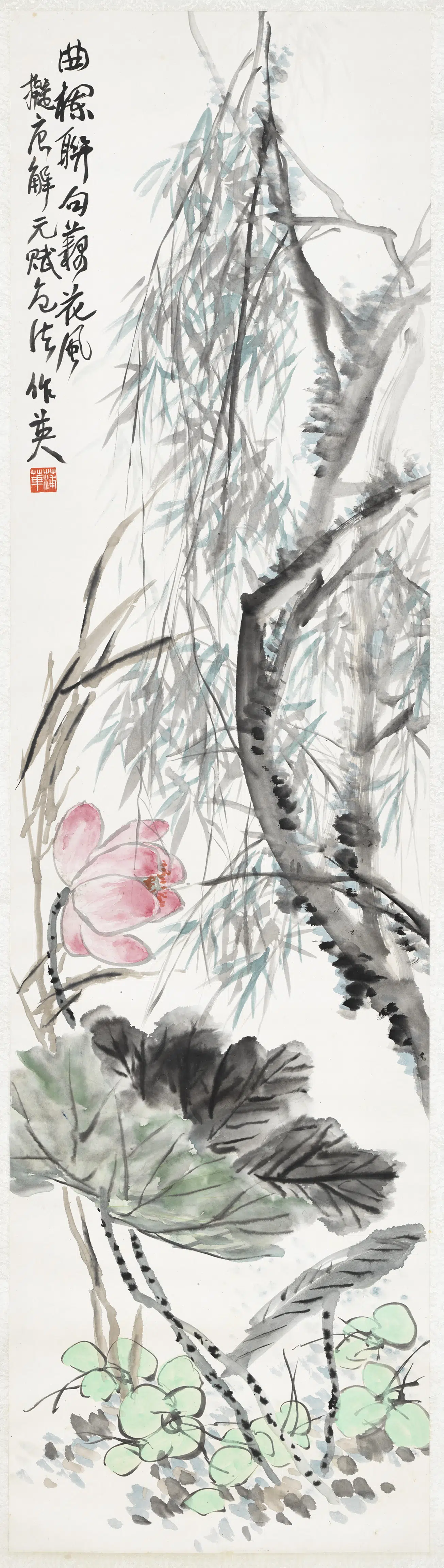 清代【蒲华】《荷花杨柳图轴》