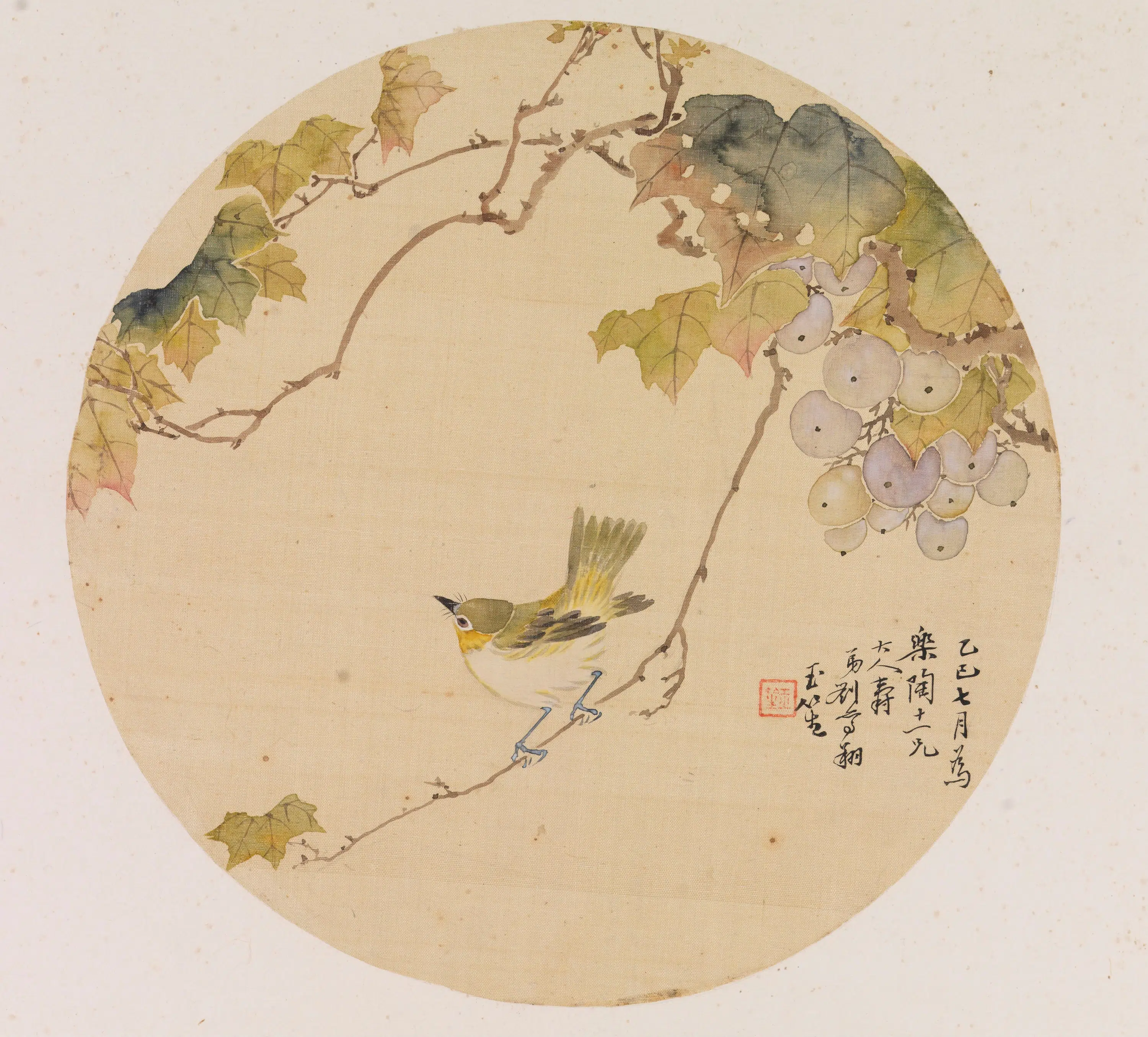 清代【高翔】《葡萄栖禽（麻雀）图》