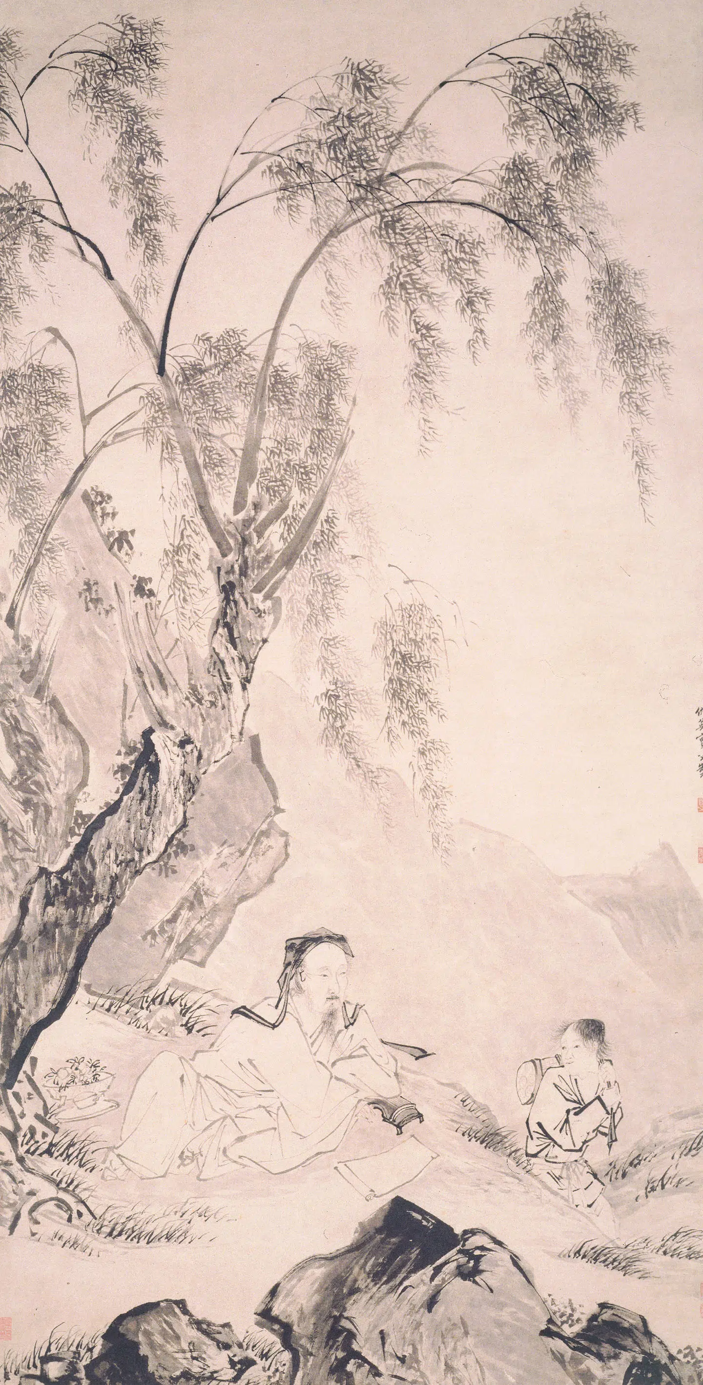明朝【仇英】《柳下眠琴图轴》