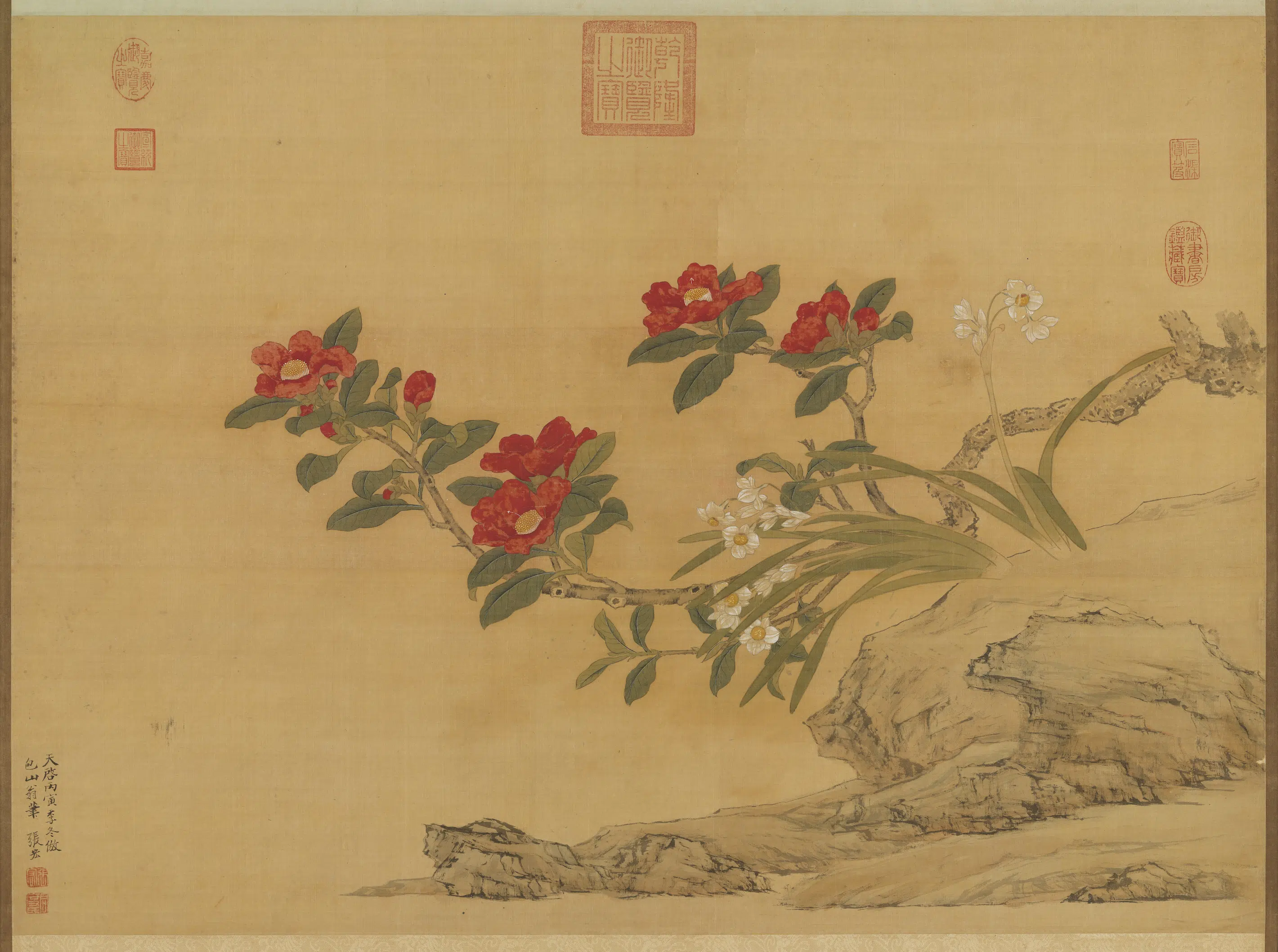 明朝【张宏】《仿陆治茶花水仙图轴》