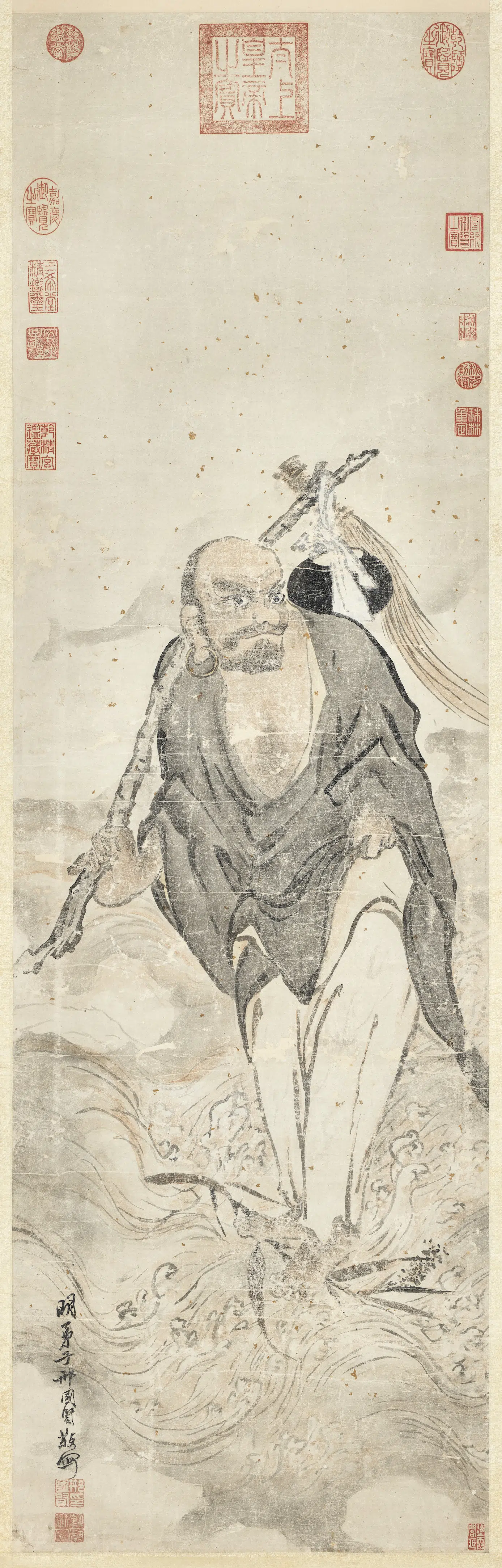 明朝【邢国贤】《画达摩苇渡图轴》