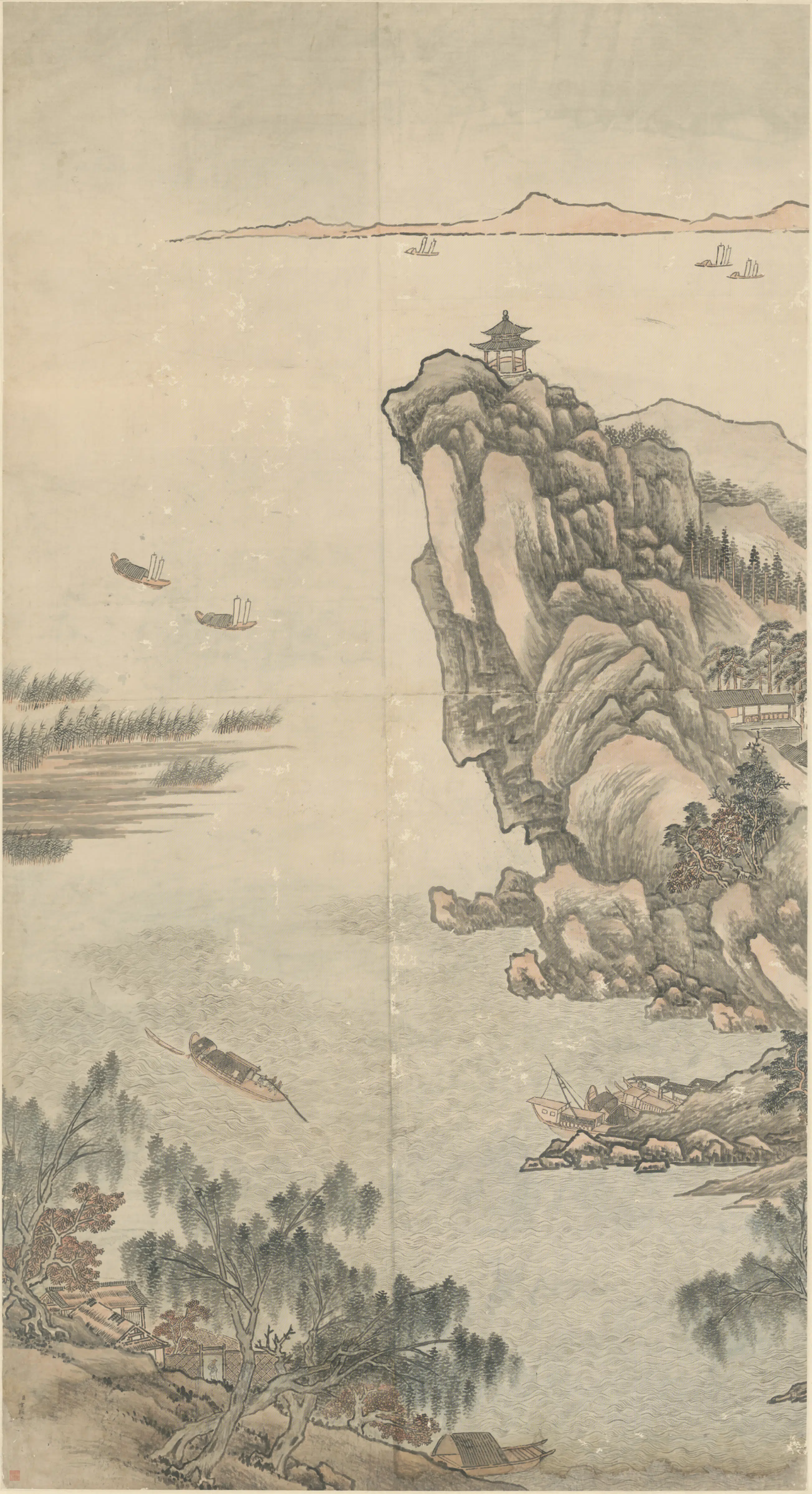 清代【方琮】《江天帆影图轴》