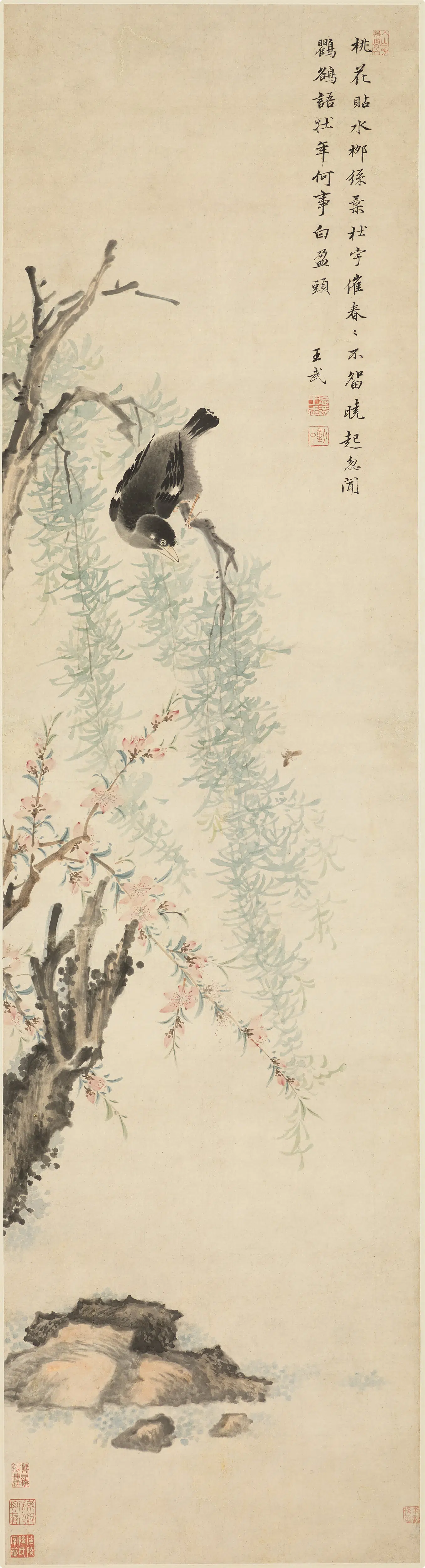清代【王武】《桃柳鸐鹆图轴》