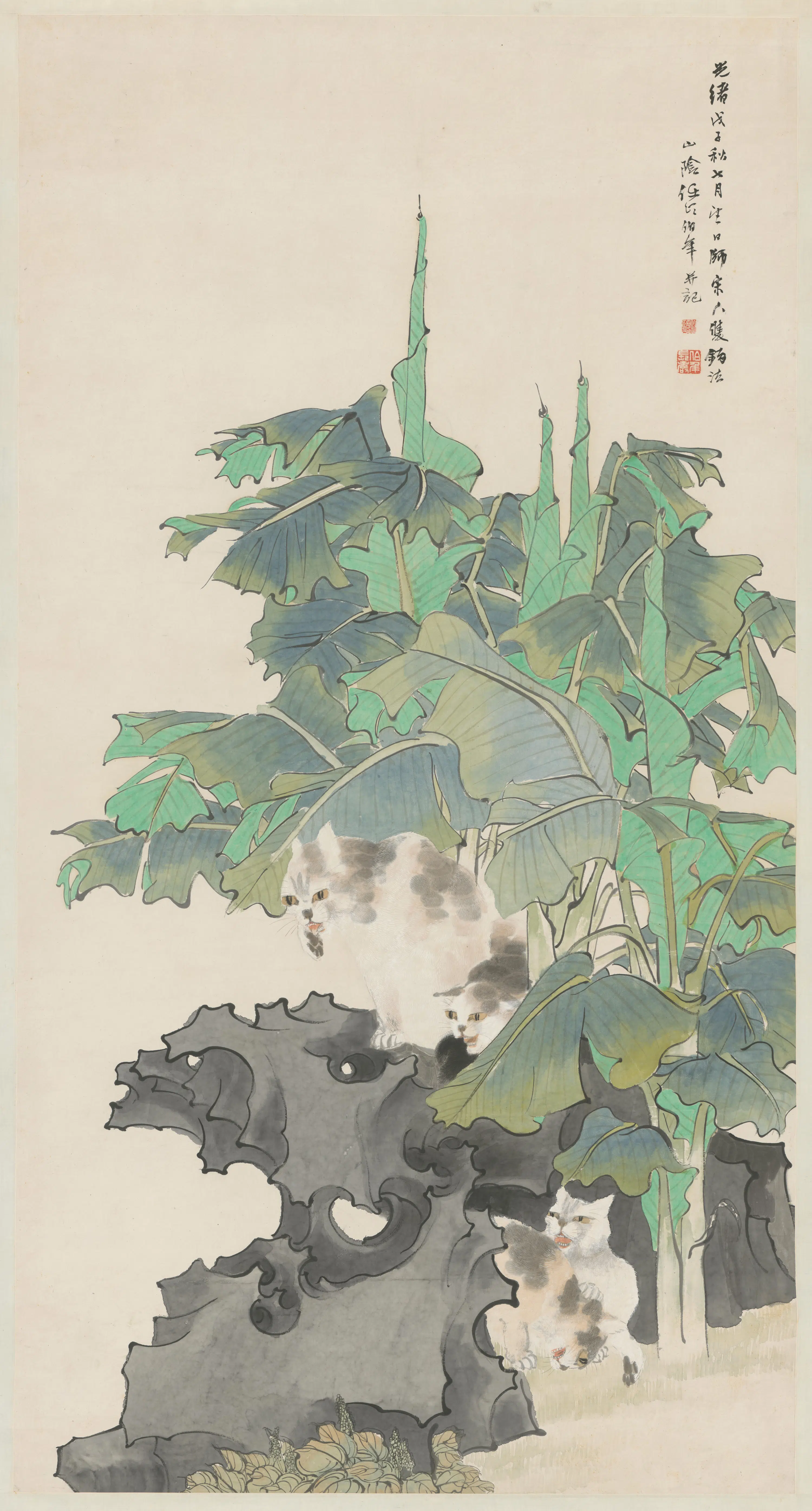 清代【任伯年】《芭蕉狸猫图轴》