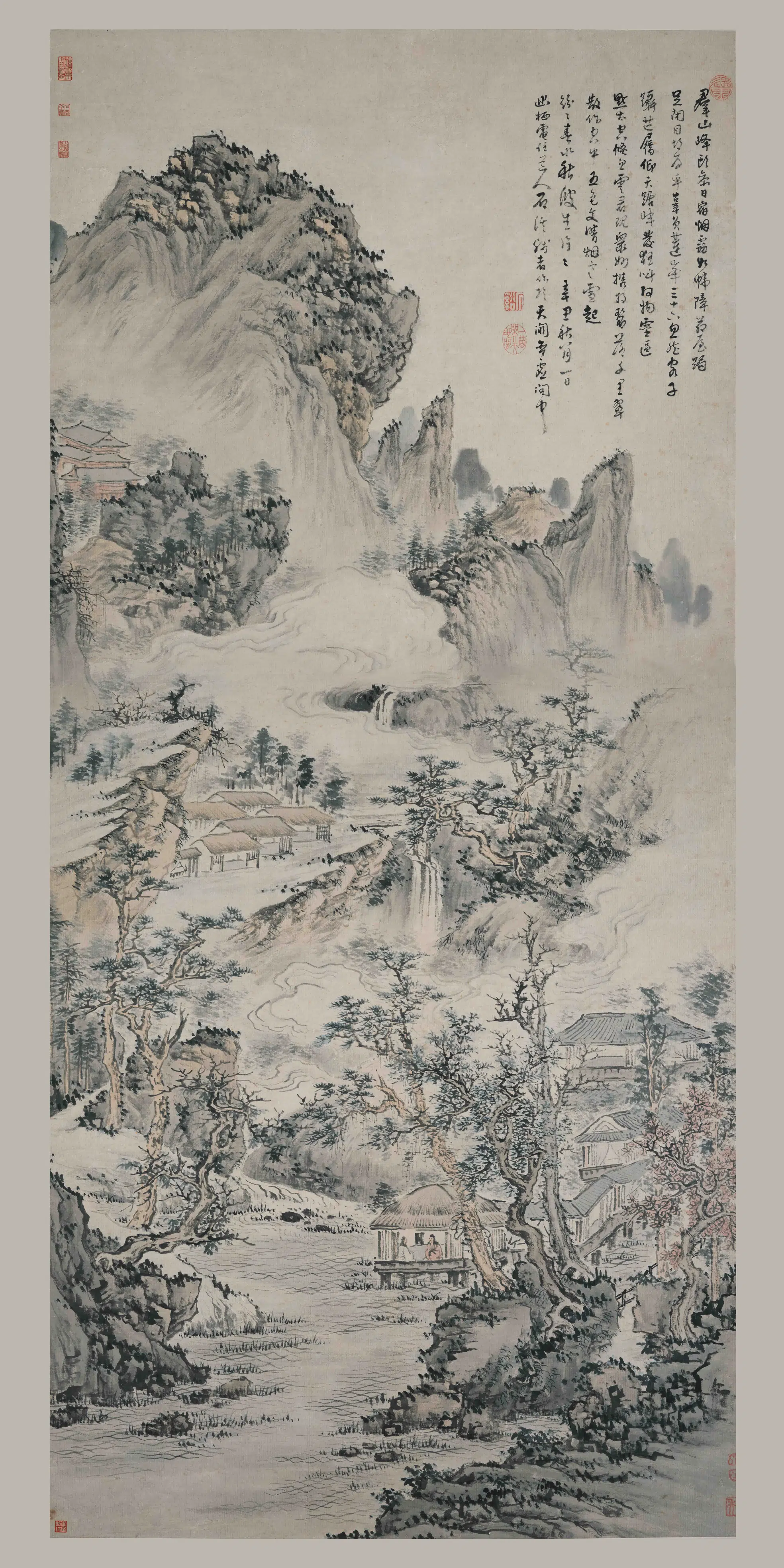清代【髡残(石谿)】《群山烟雾图轴》