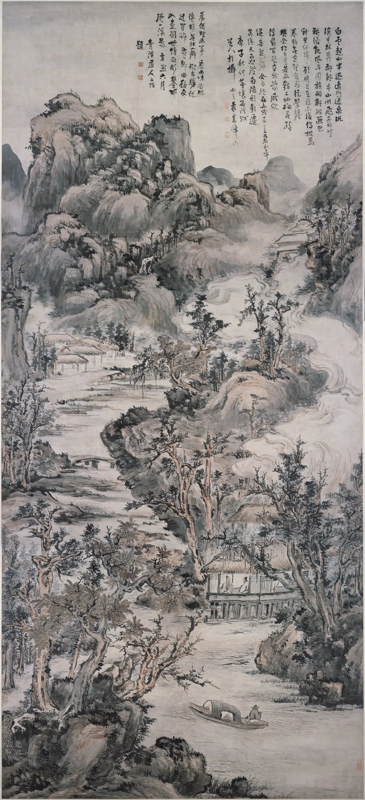 清代【髡残(石谿)】《秋山钓艇图》