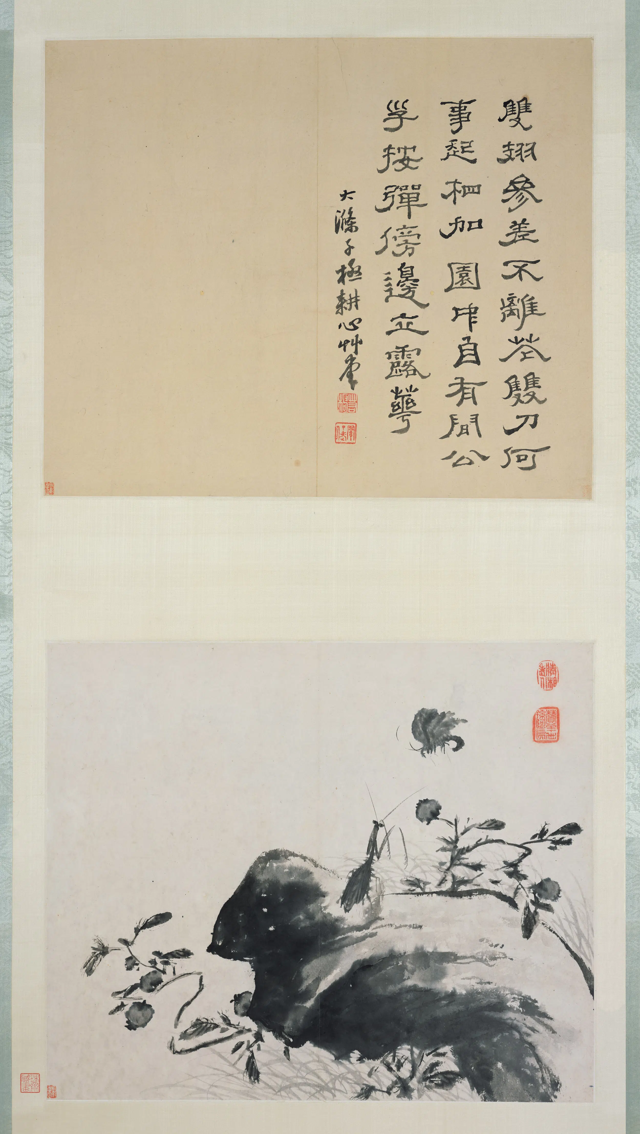 清代【石涛】《螳螂蝴蝶图并行书二页轴》