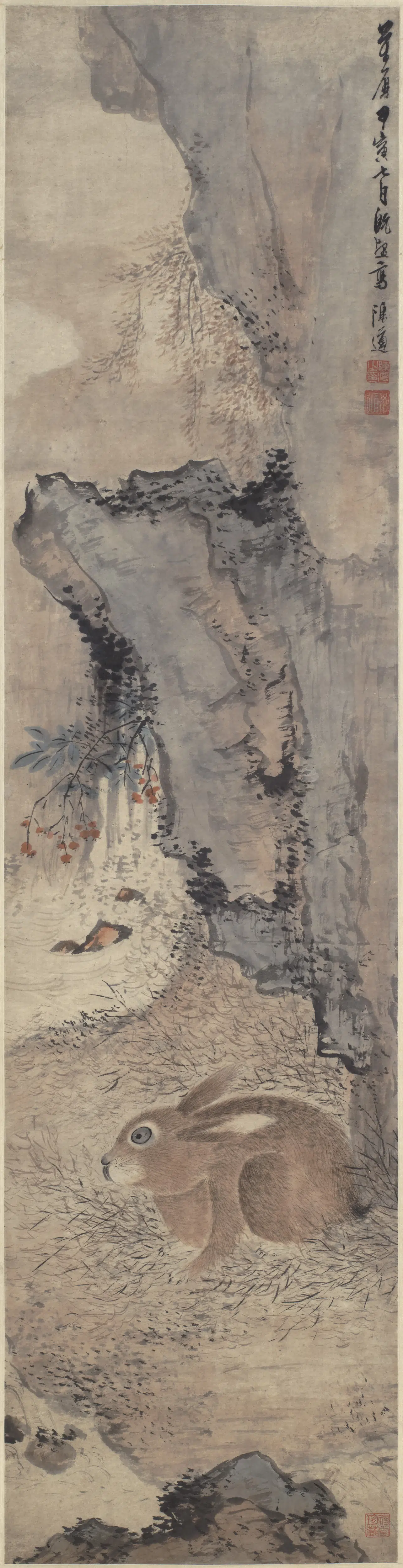明朝【陈遵】《秋山野兔图轴》