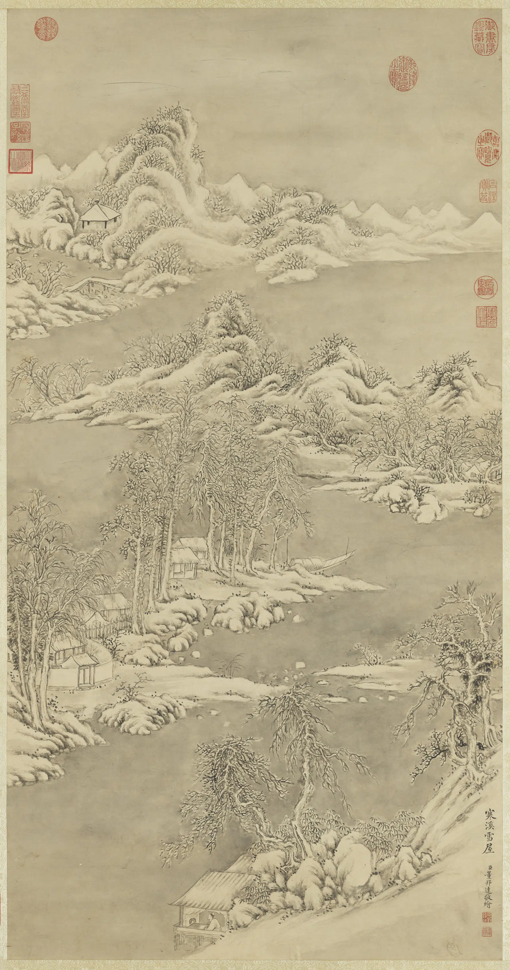 清代【董邦达】《寒溪雪屋图轴》