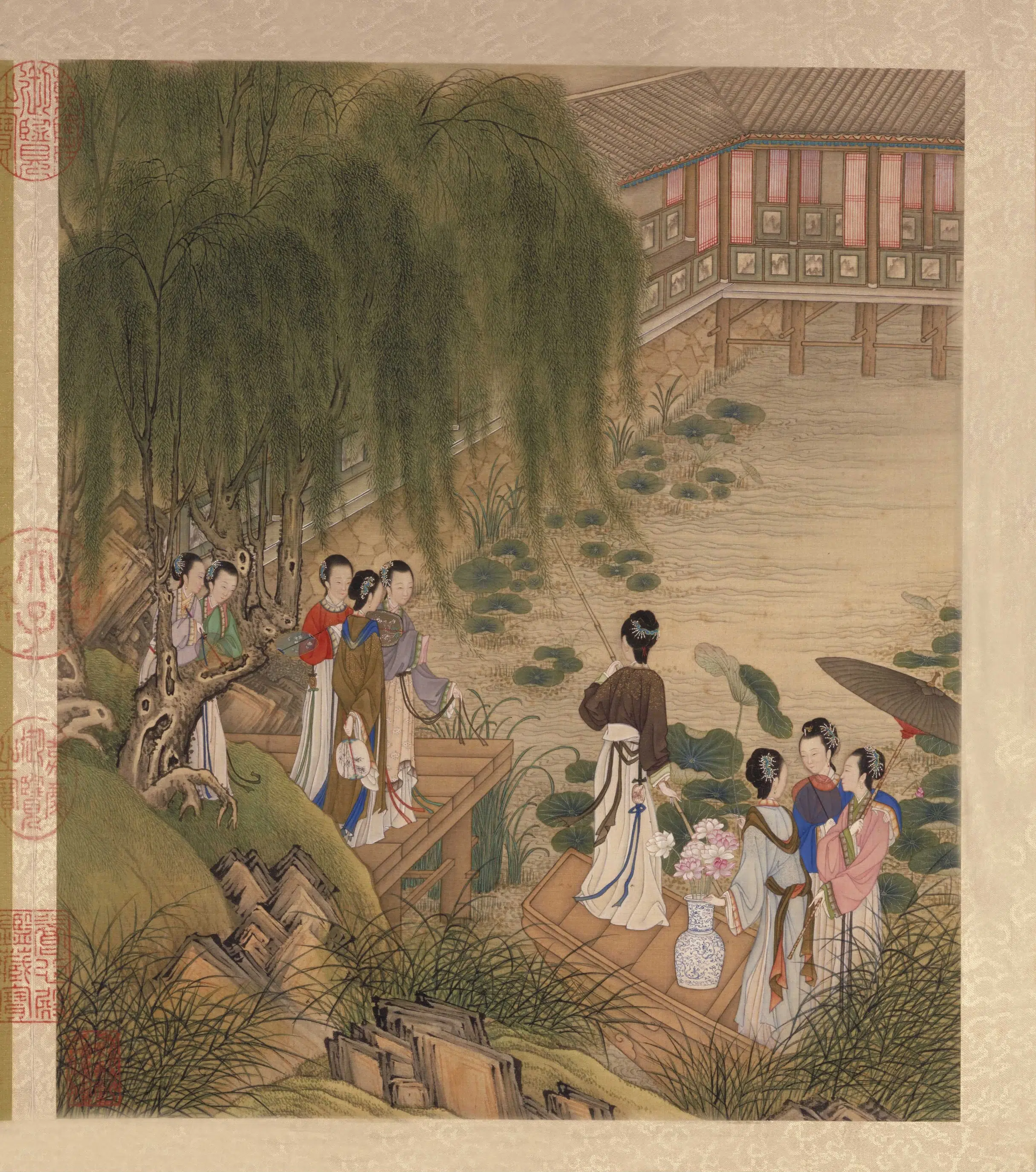 清代【陈枚】《月曼清游图册十二开-（碧池采莲）》