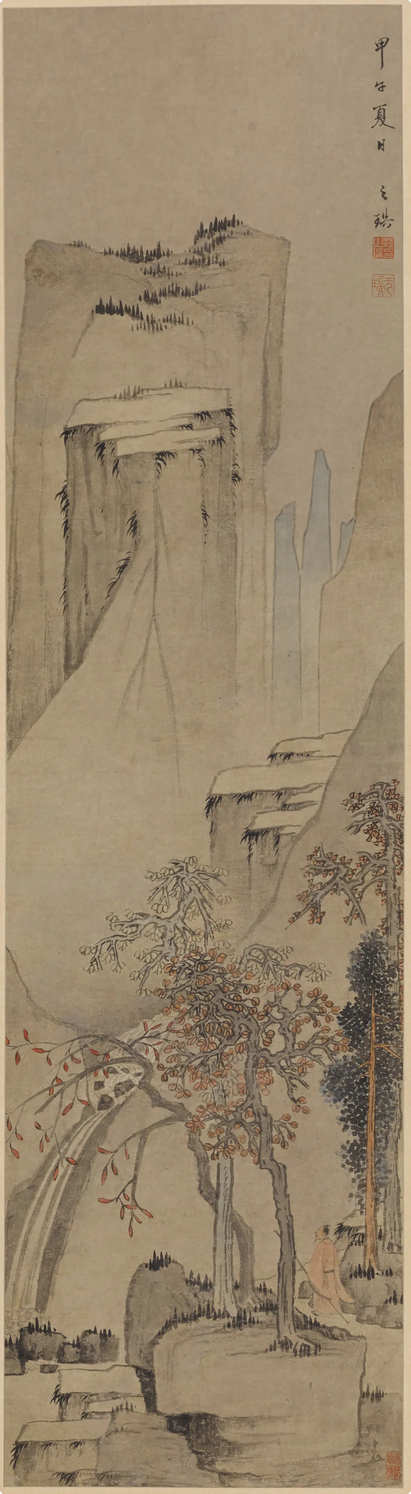 清代【汪之瑞】《策杖观瀑图轴》