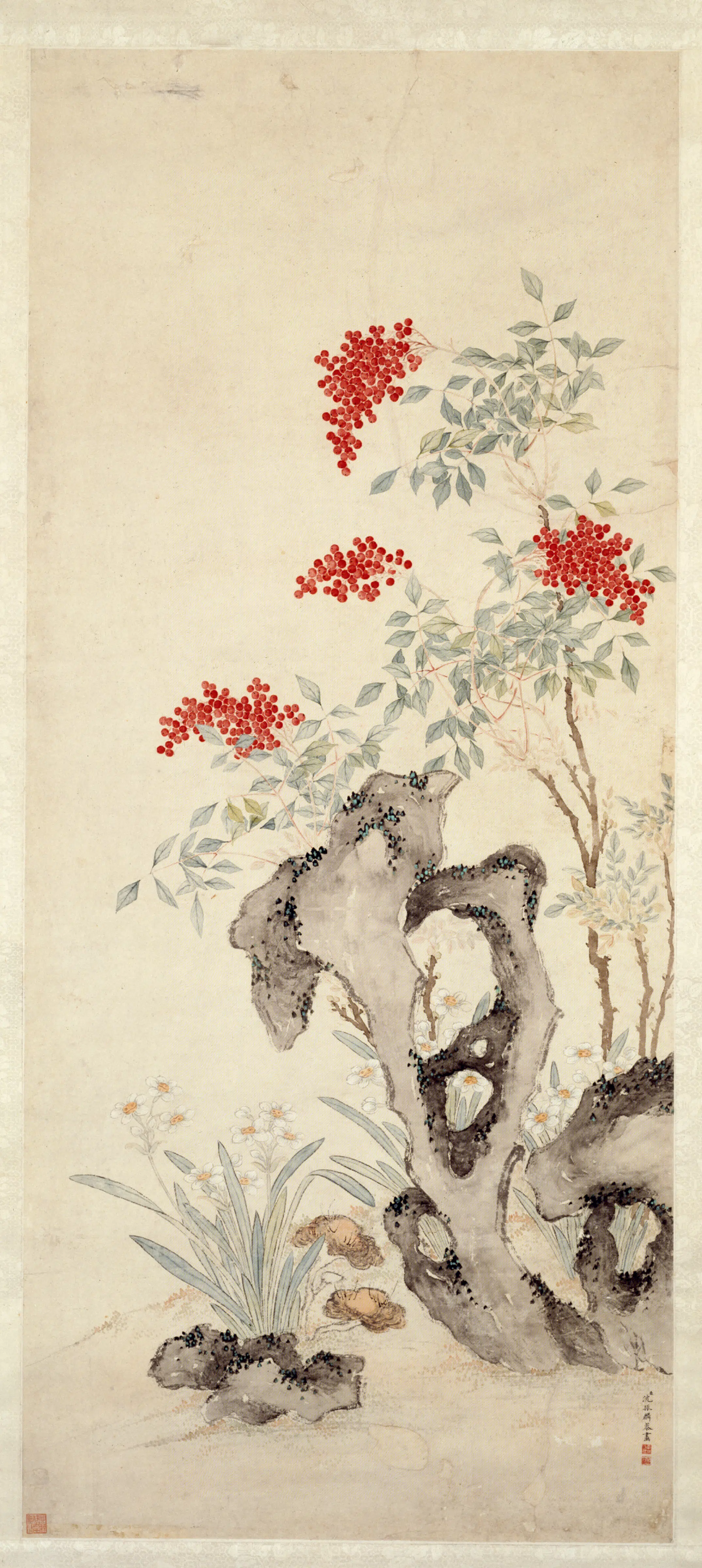 清代【沈振麟】《仙芝祝寿图轴》