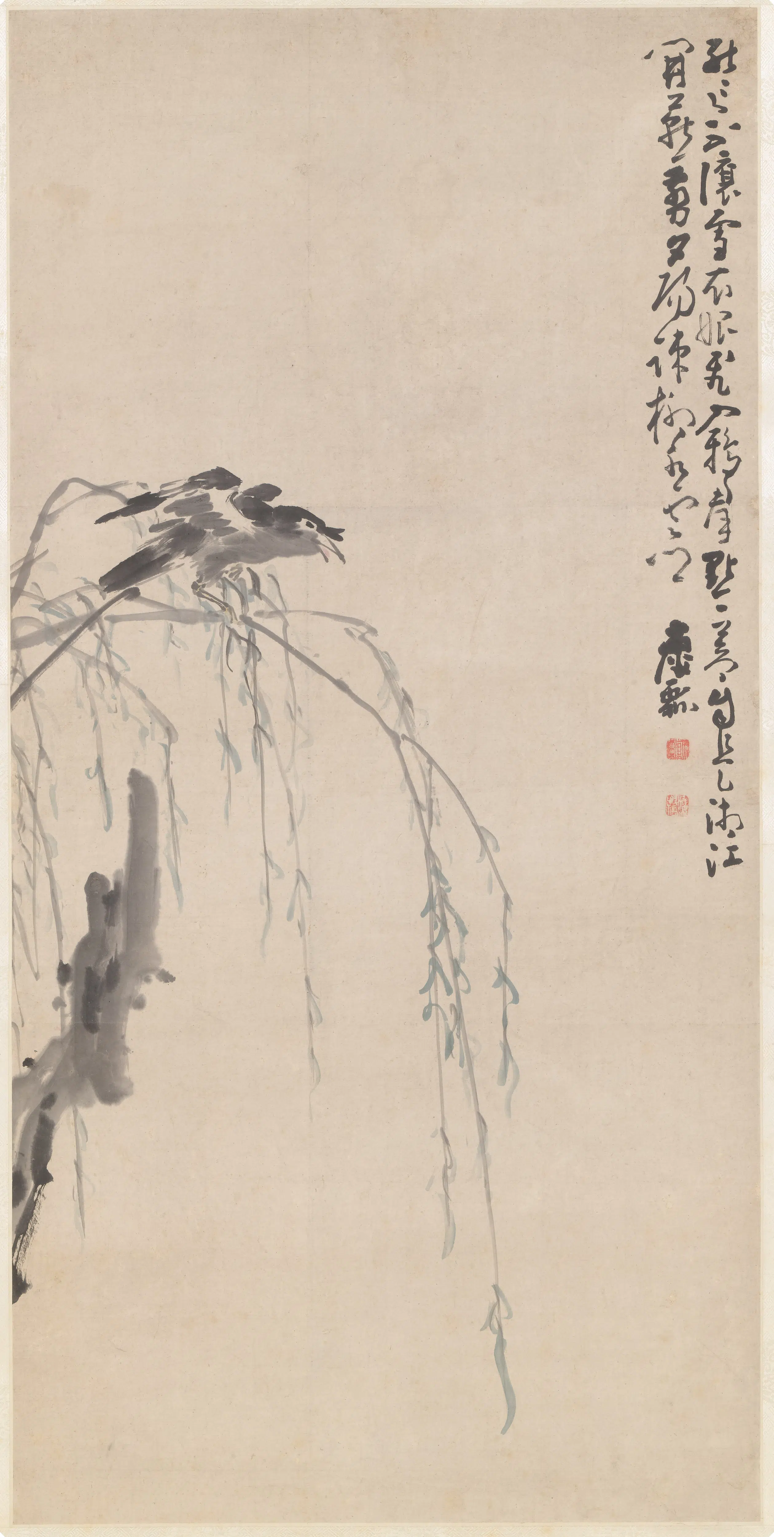 清代【黄慎】《疏柳鸣禽图轴》