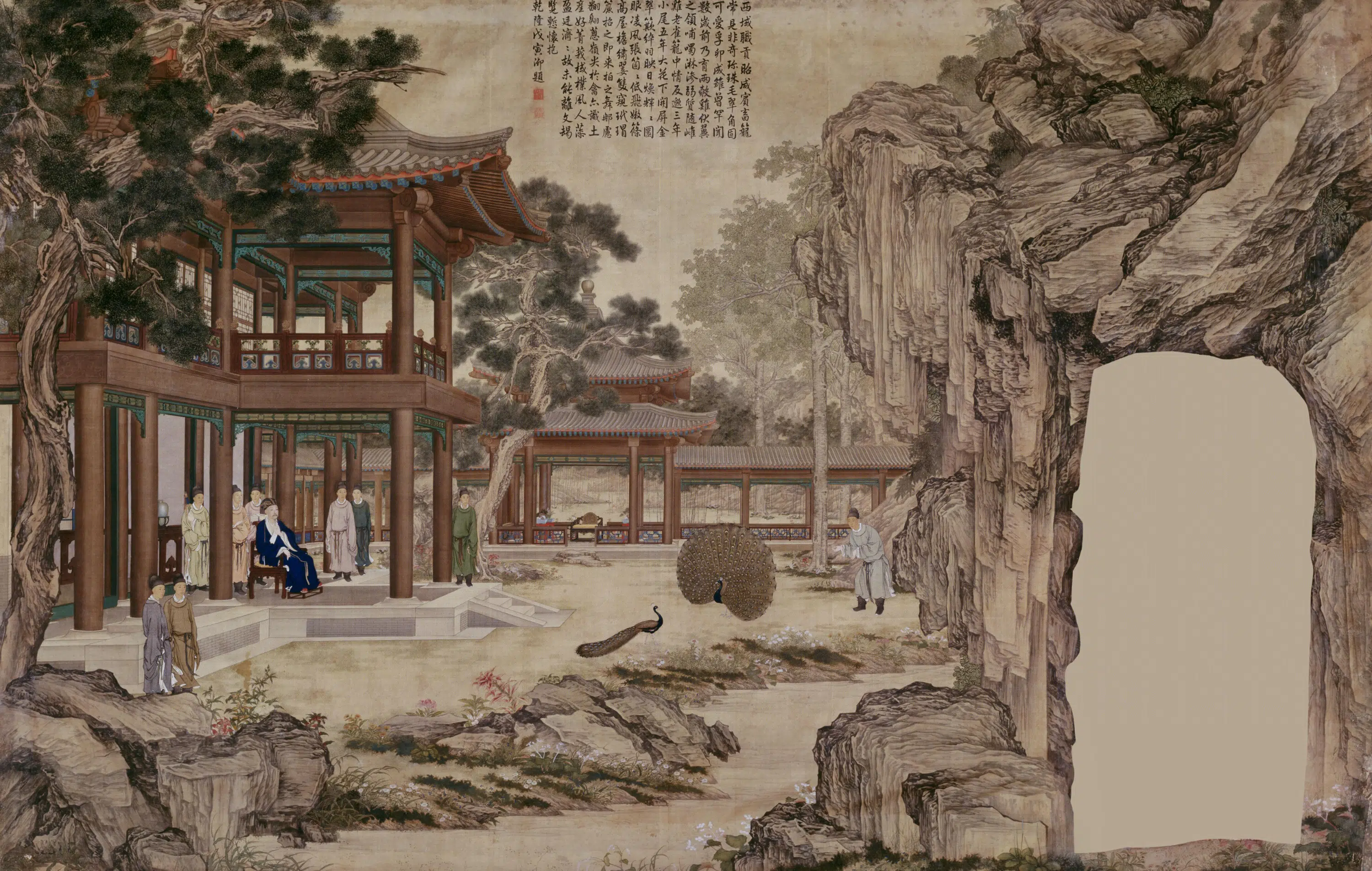 清代【佚名】《乾隆观孔雀开屏贴落》