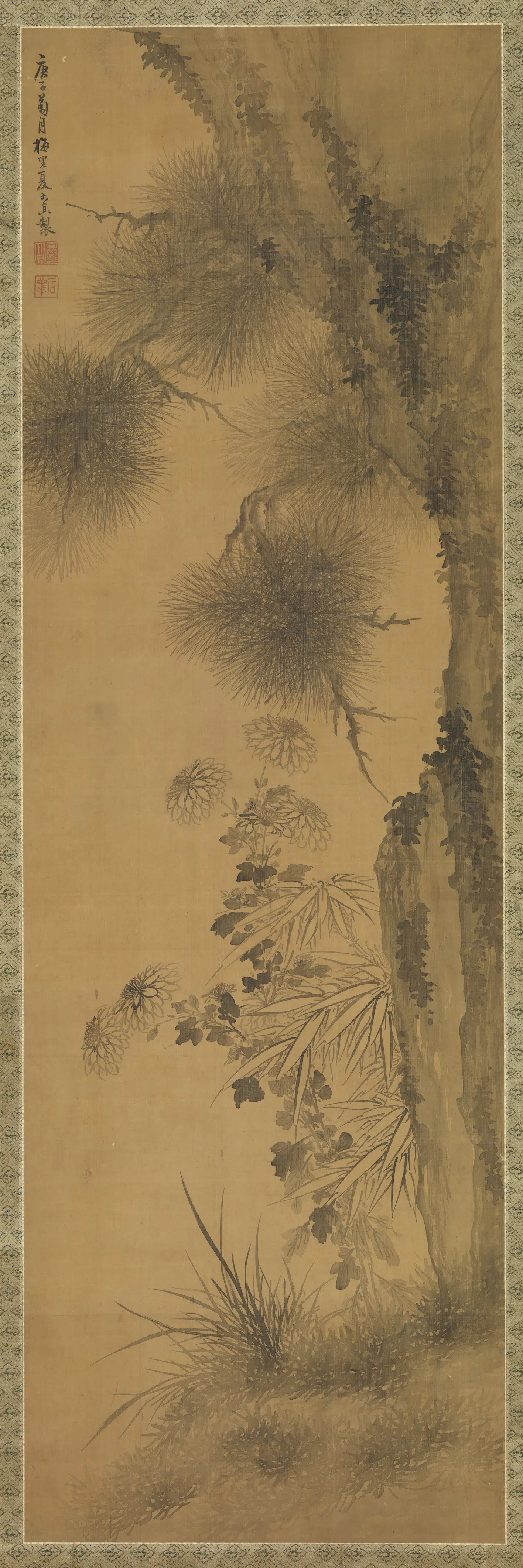 清代【夏大鼎】《夏大鼎松竹菊三图轴》