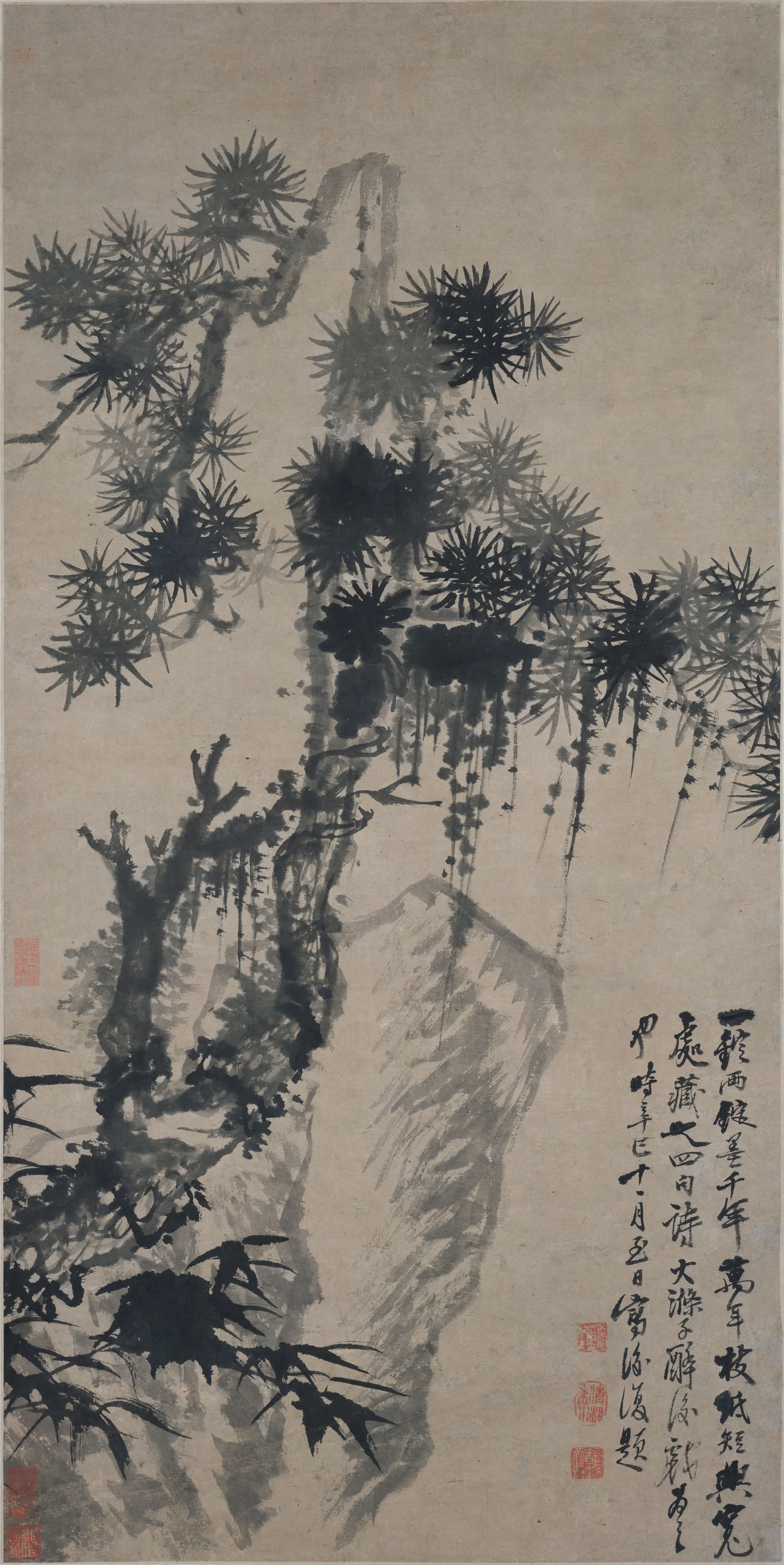 清代【石涛】《苍松竹石图轴》