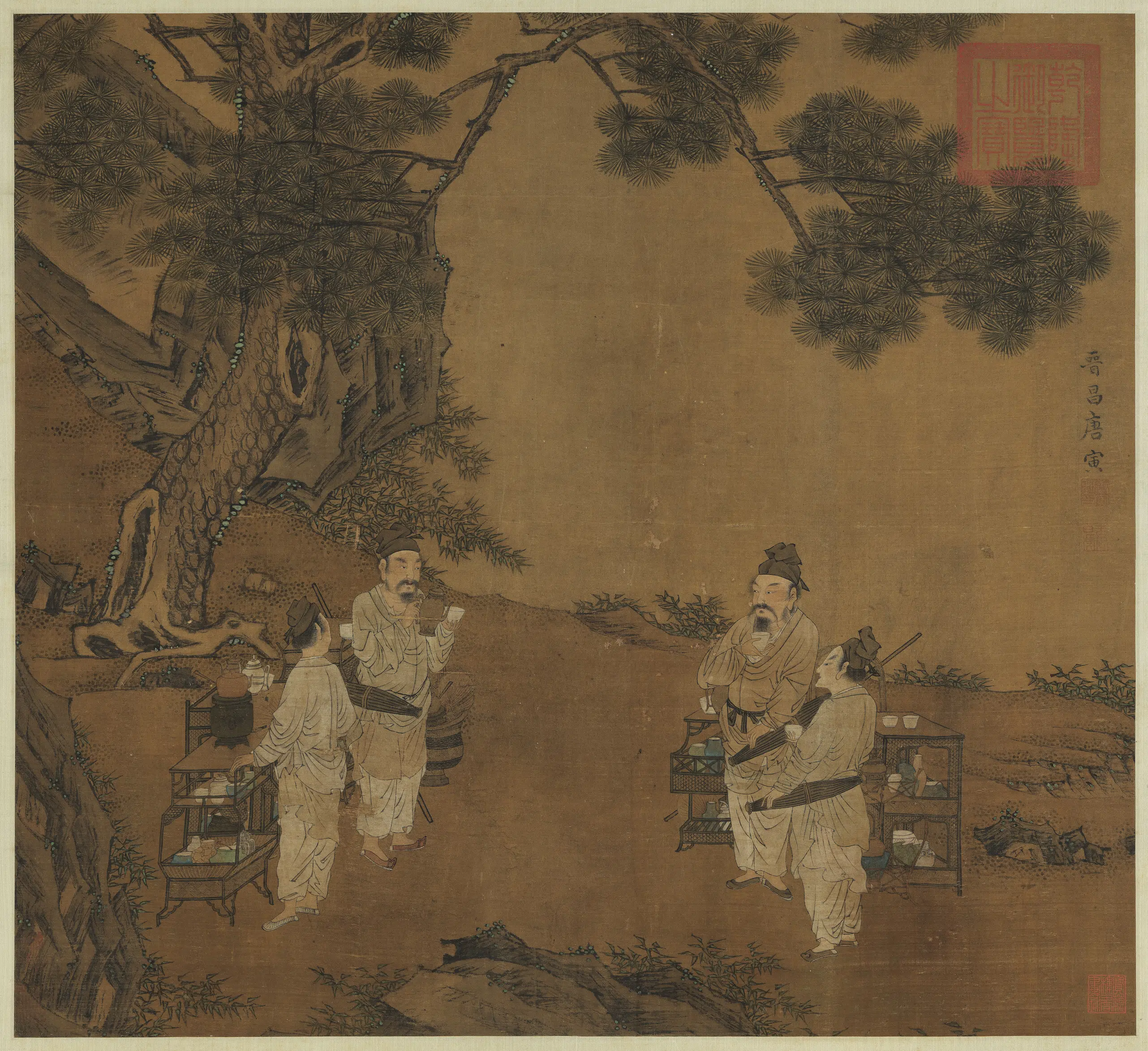 明朝【唐寅】《鬪斗茶图轴》
