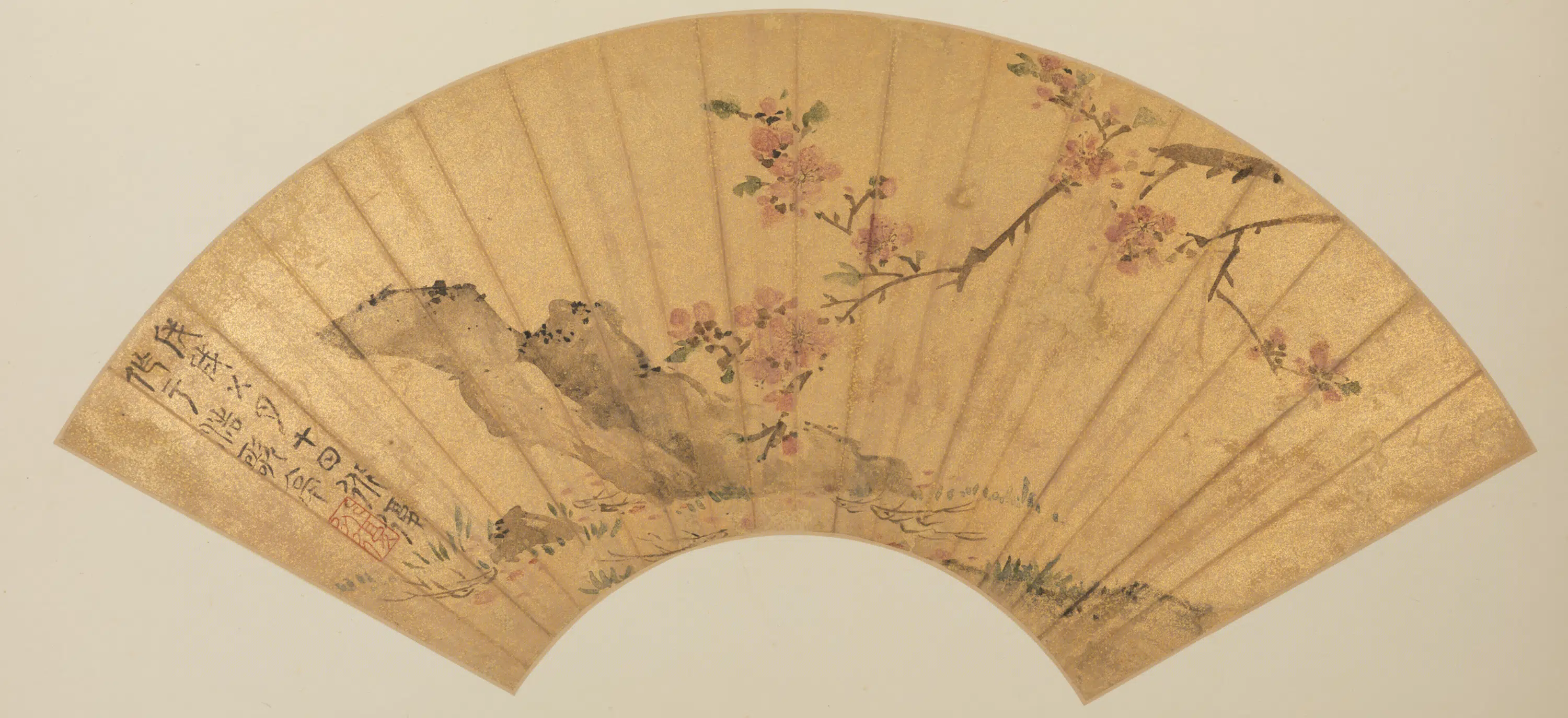 明朝【陈淳（道复）】《落花游鱼图扇》