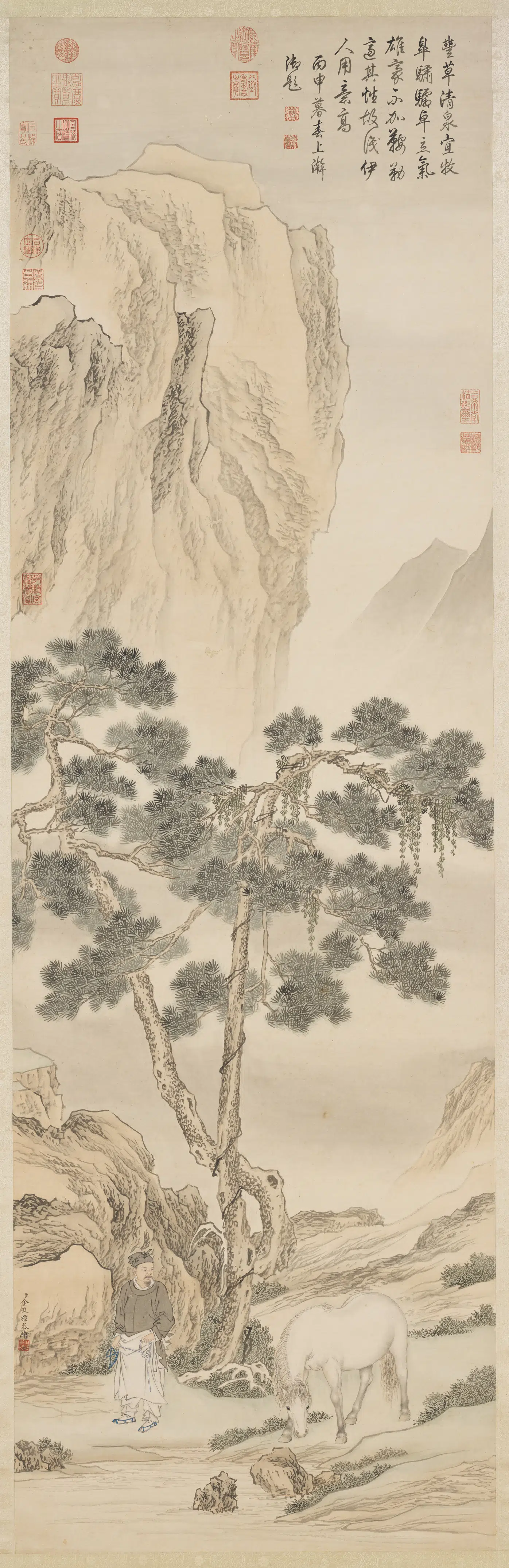 清代【金廷标】《松阴牧马图轴》