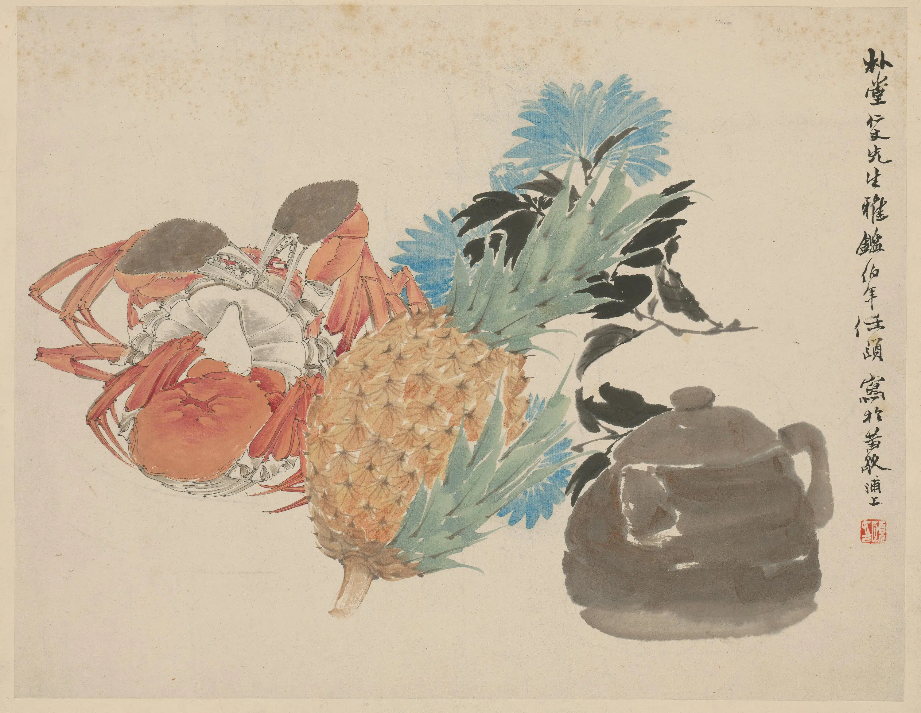 清代【任颐】《菠萝菊蟹页》