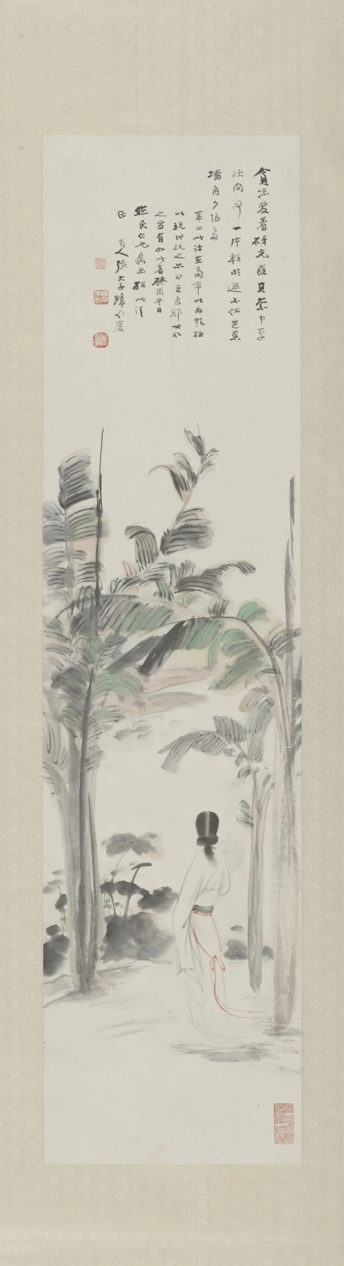 近现代【张大千】《蕉荫仕女图轴》