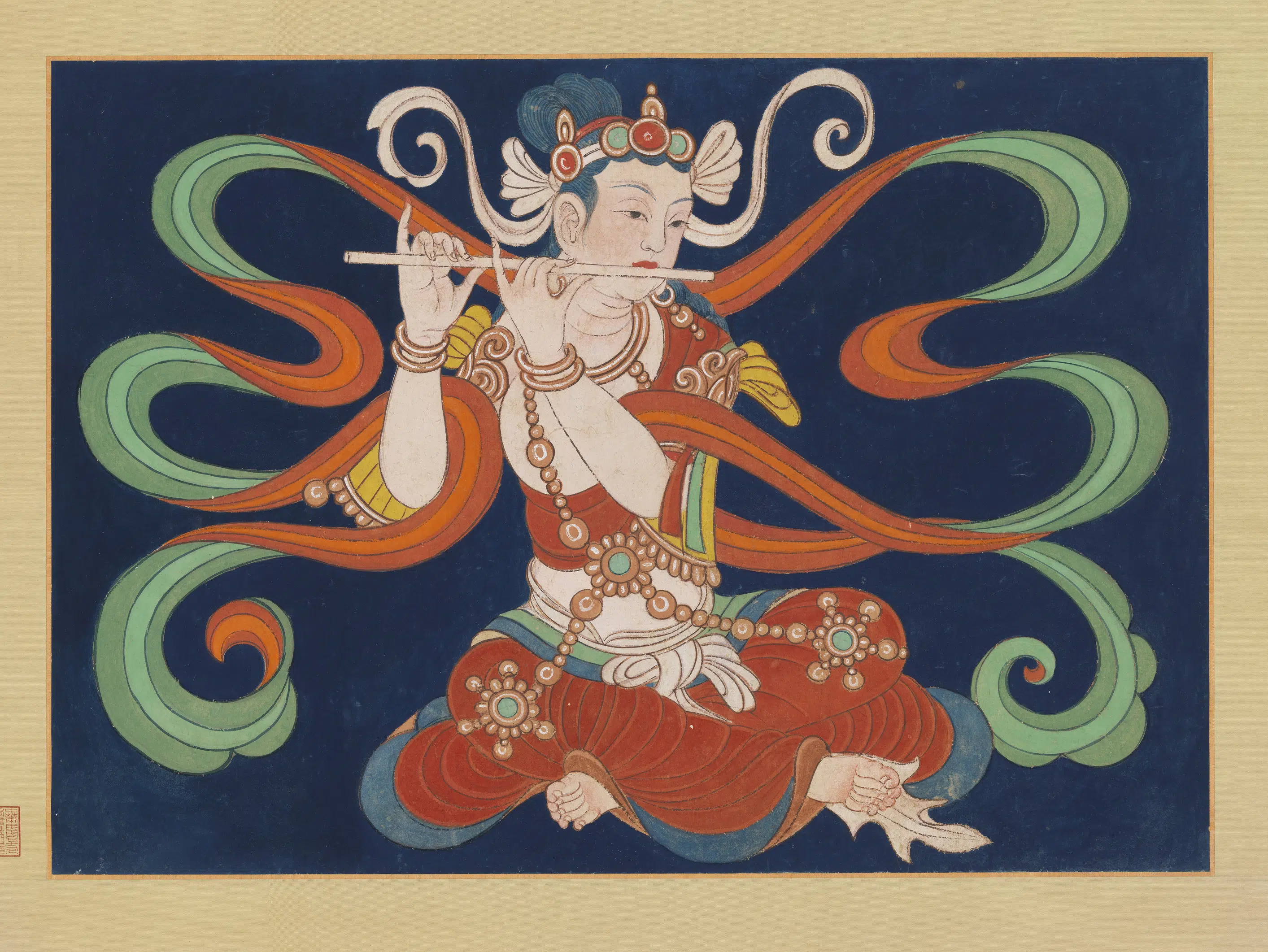 近现代【张大千】《摹敦煌莫高窟第三二七窟宋代伎乐图轴-1》