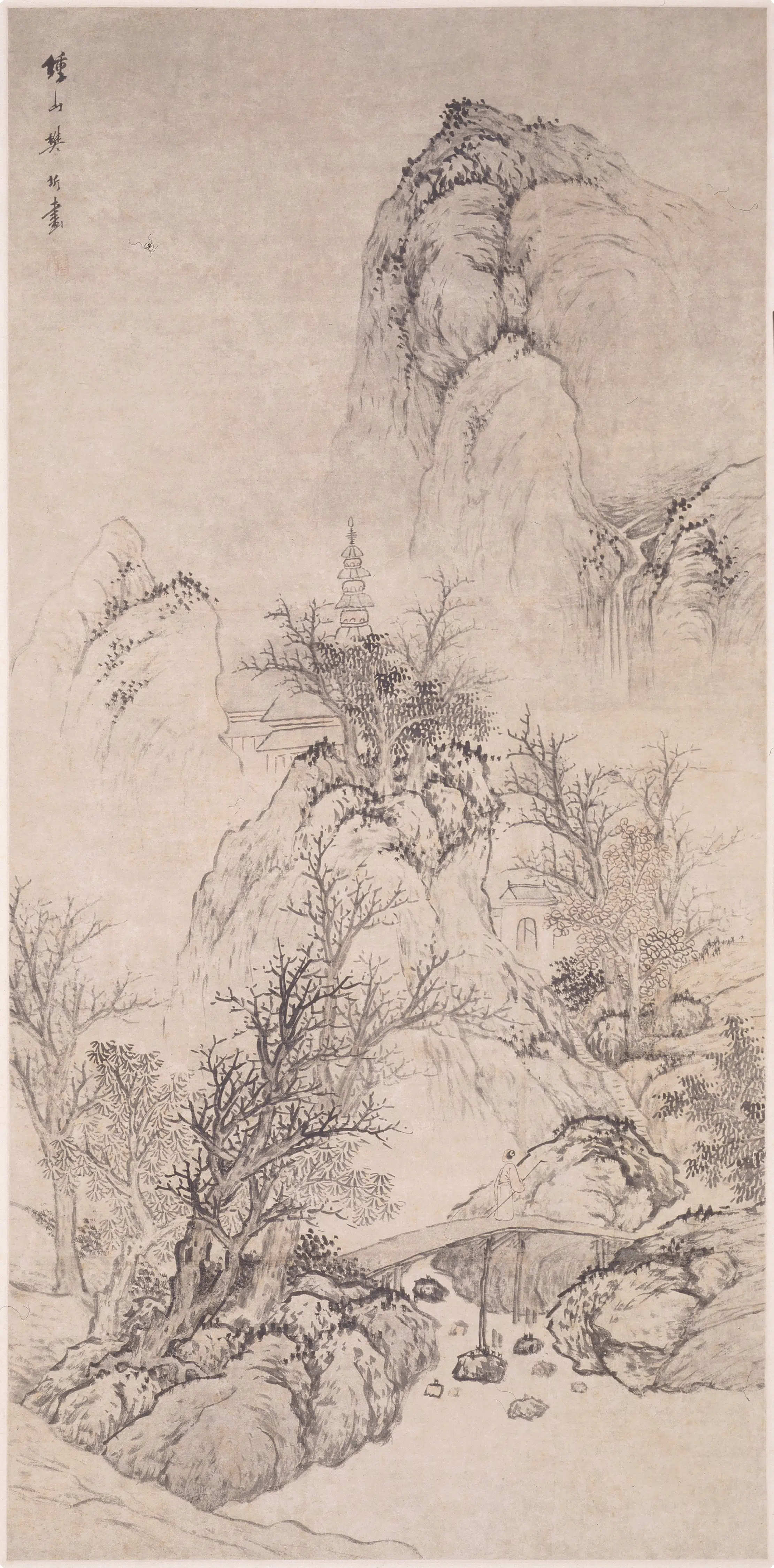 清代【樊圻】《秋山萧寺图轴》