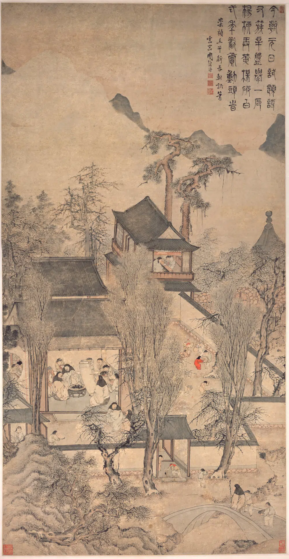 明朝【周道行】《岁朝观赏图轴》