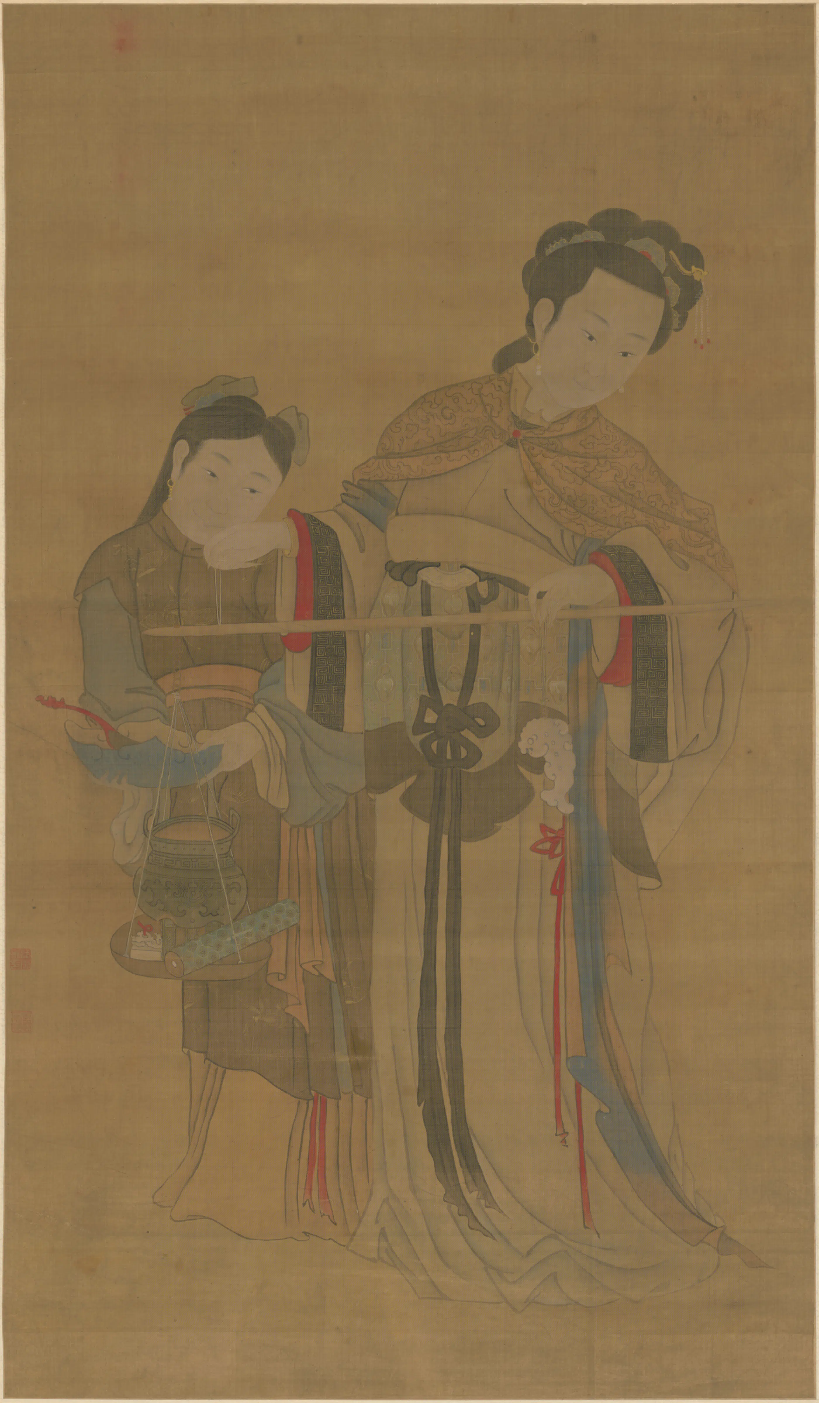 清代【赵试庸】《仕女秤古图轴》