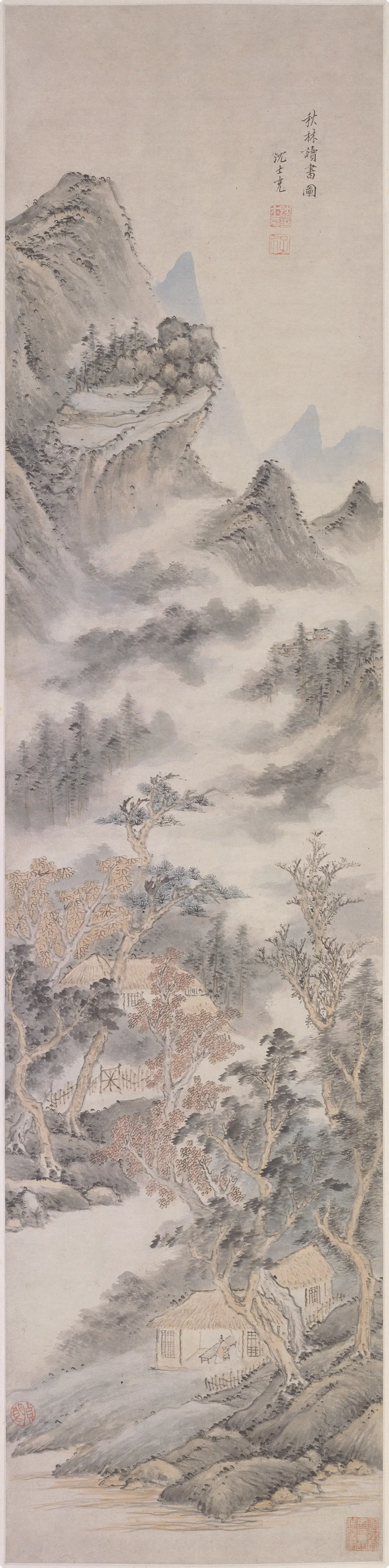 明朝【沈士充】《秋林读书图轴》