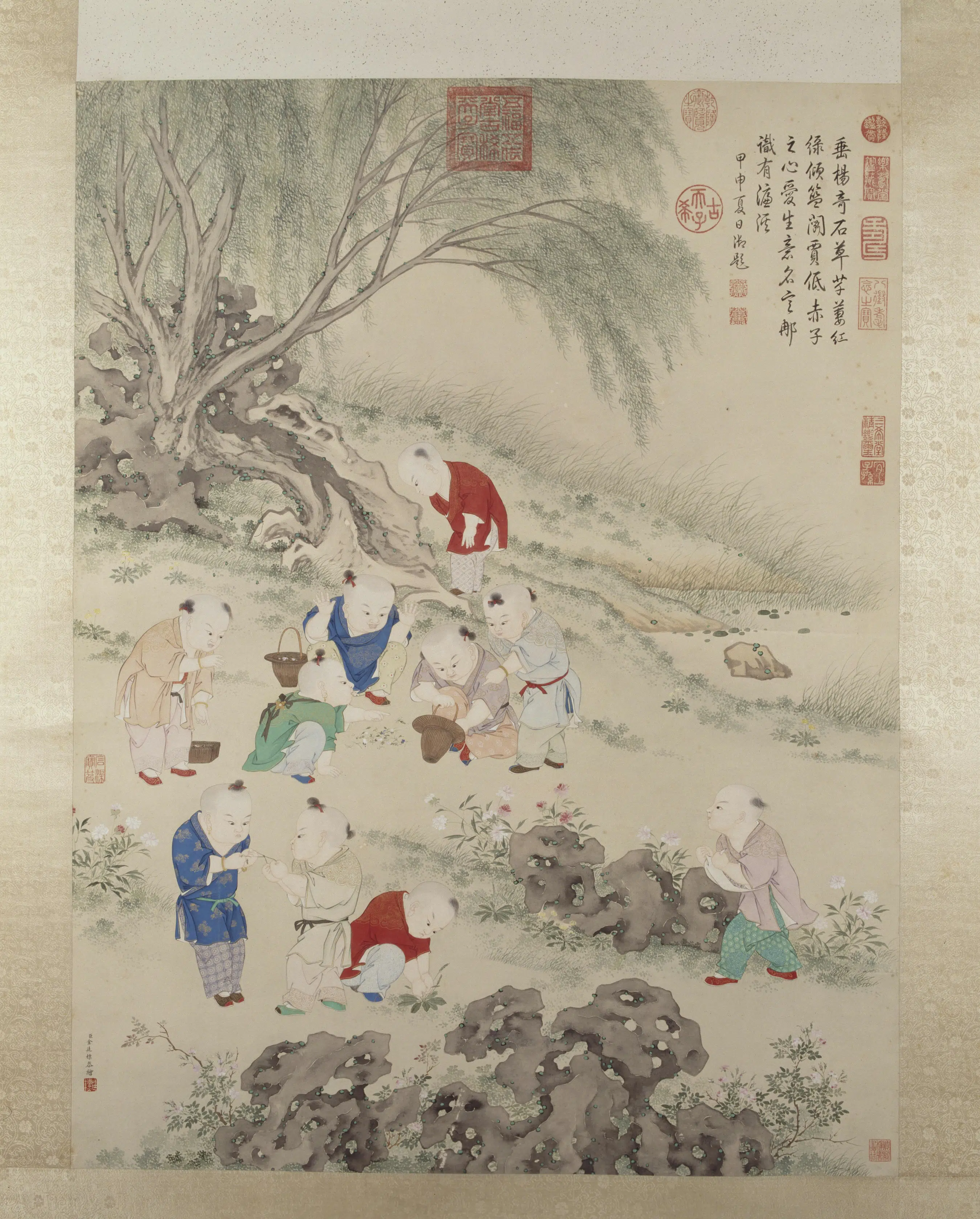 清代【金廷标】《儿童斗草图轴》