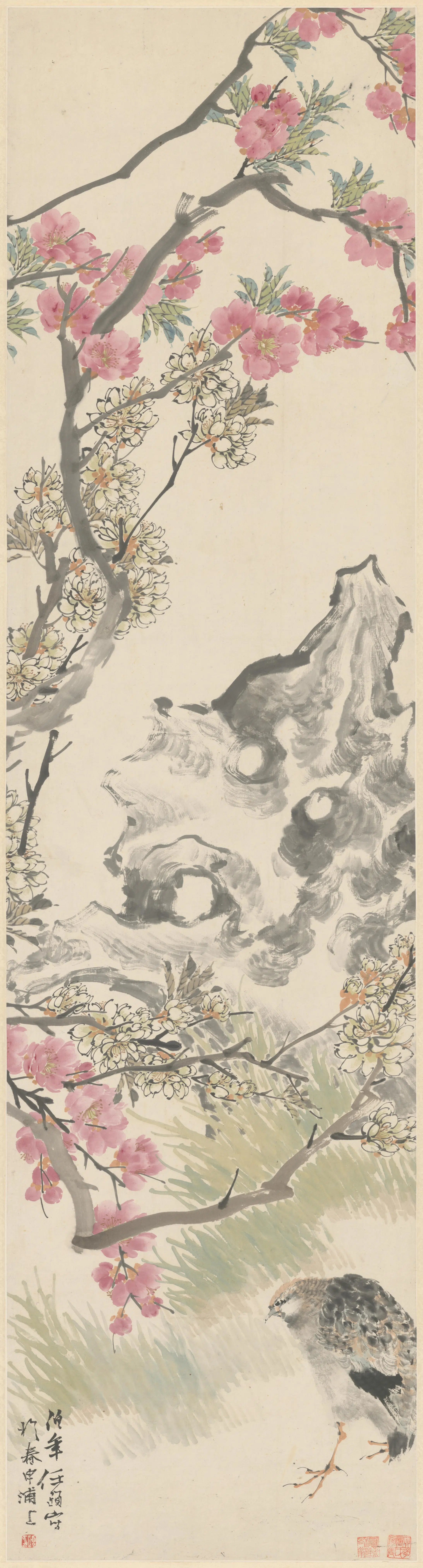 清代【任颐】《桃梨鹌鹑轴》